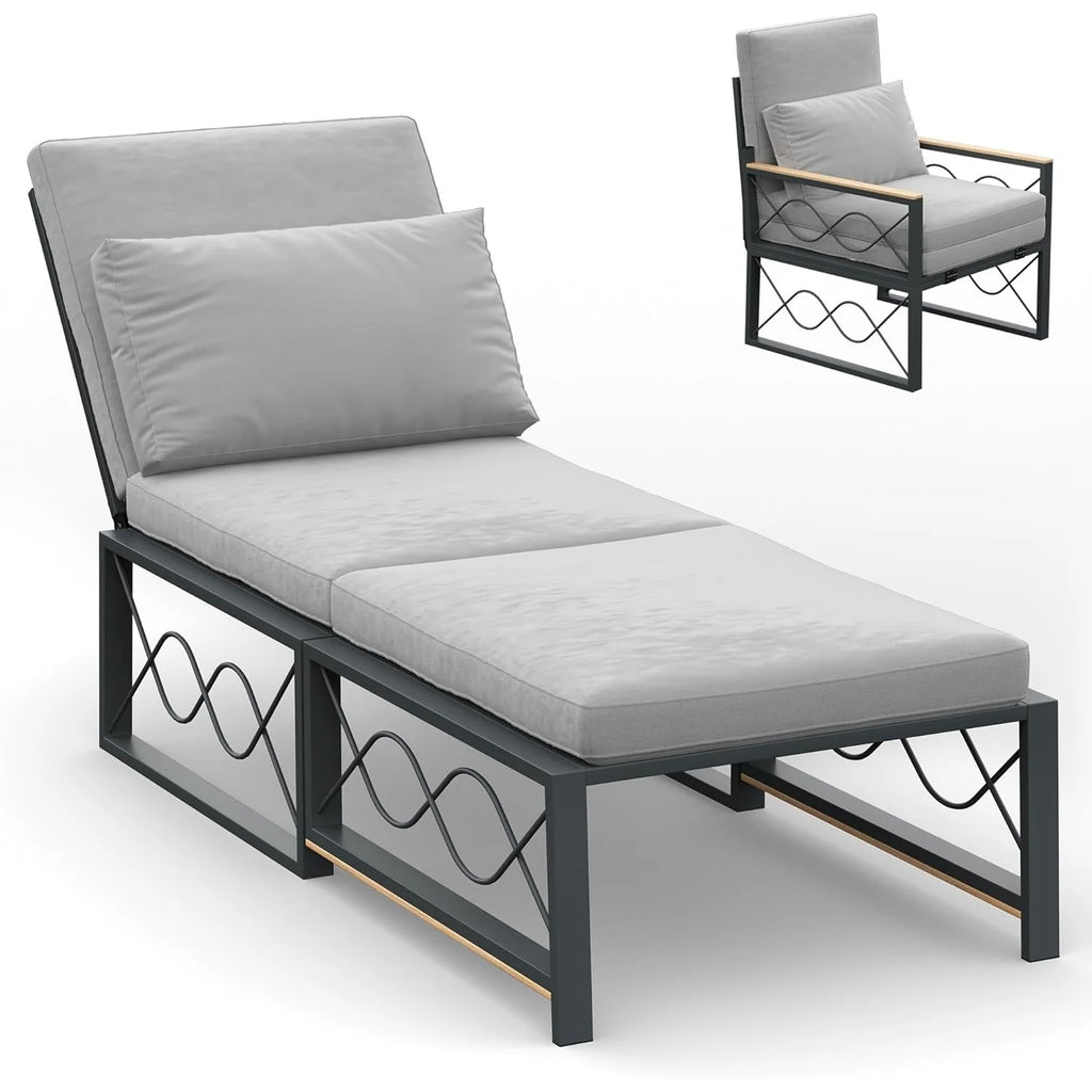 AECOJOY Outdoor Metal Chaise Lounge Chair. Convertible Patio Armchair with Cushions. Adjustable 5-Position Recliner