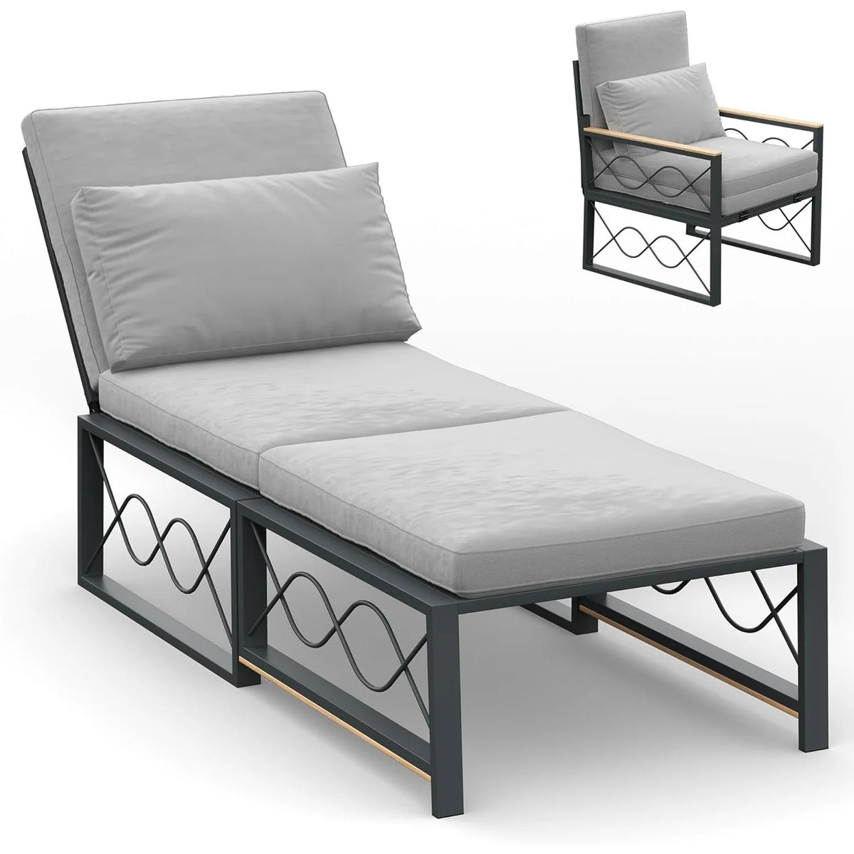 AECOJOY Outdoor Metal Chaise Lounge Chair. Convertible Patio Armchair with Cushions. Adjustable 5-Position Recliner