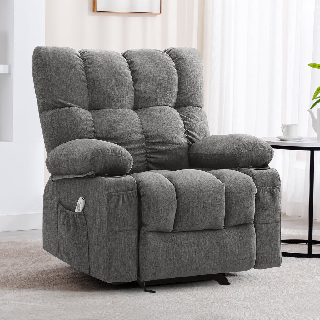 JONPONY Manual Recliner Chair with Heat Therapy and Massage Function. Heavy Duty Reclining Mechanism Massage Chair. Elderly Single Rocker Sofa with Cup Holders for Bedroom Home Theater. Grey