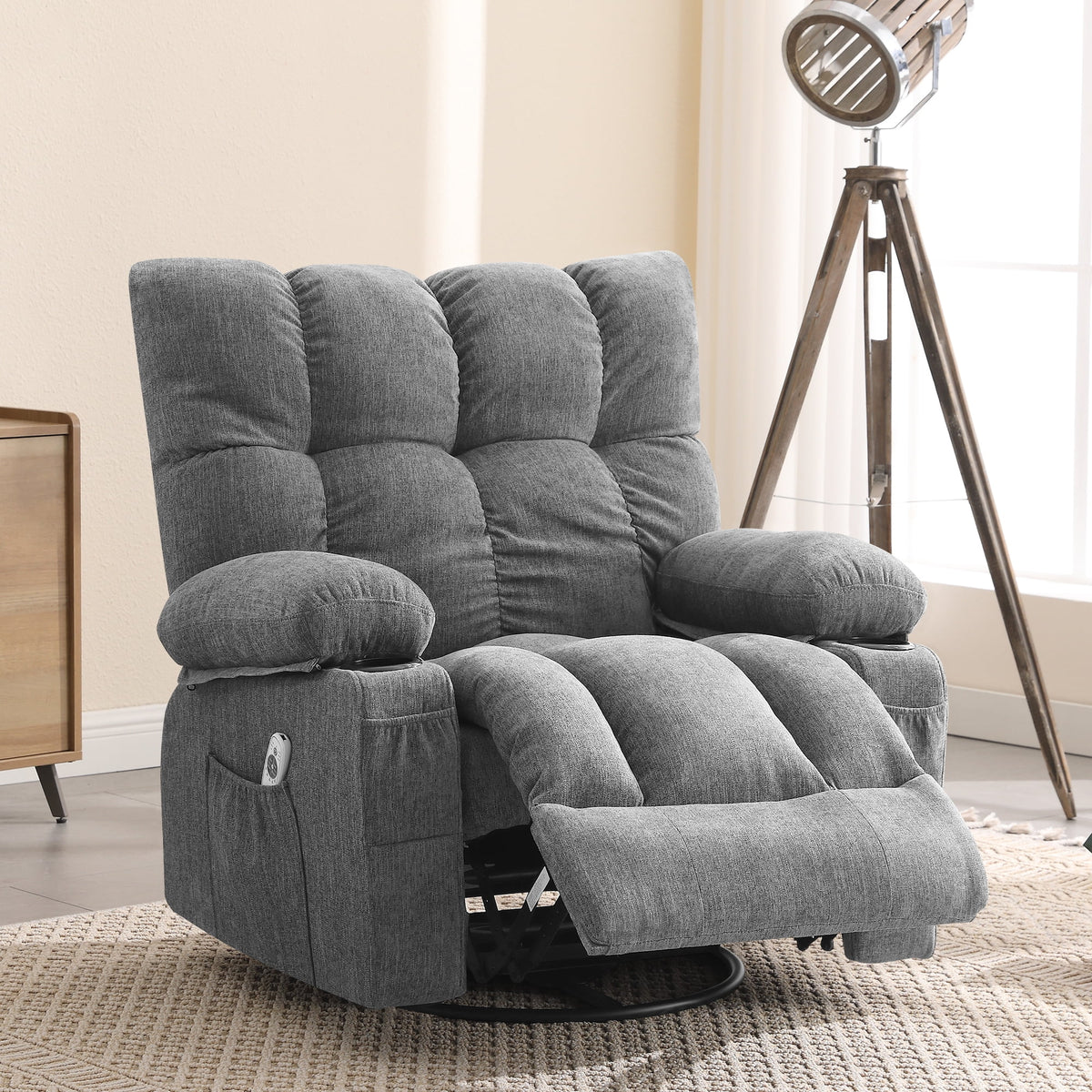 JONPONY Manual Recliner Chair with Heat Therapy and Massage Function. Heavy Duty Reclining Mechanism Massage Chair. Elderly Single Rocker Sofa with Cup Holders for Bedroom Home Theater. Grey