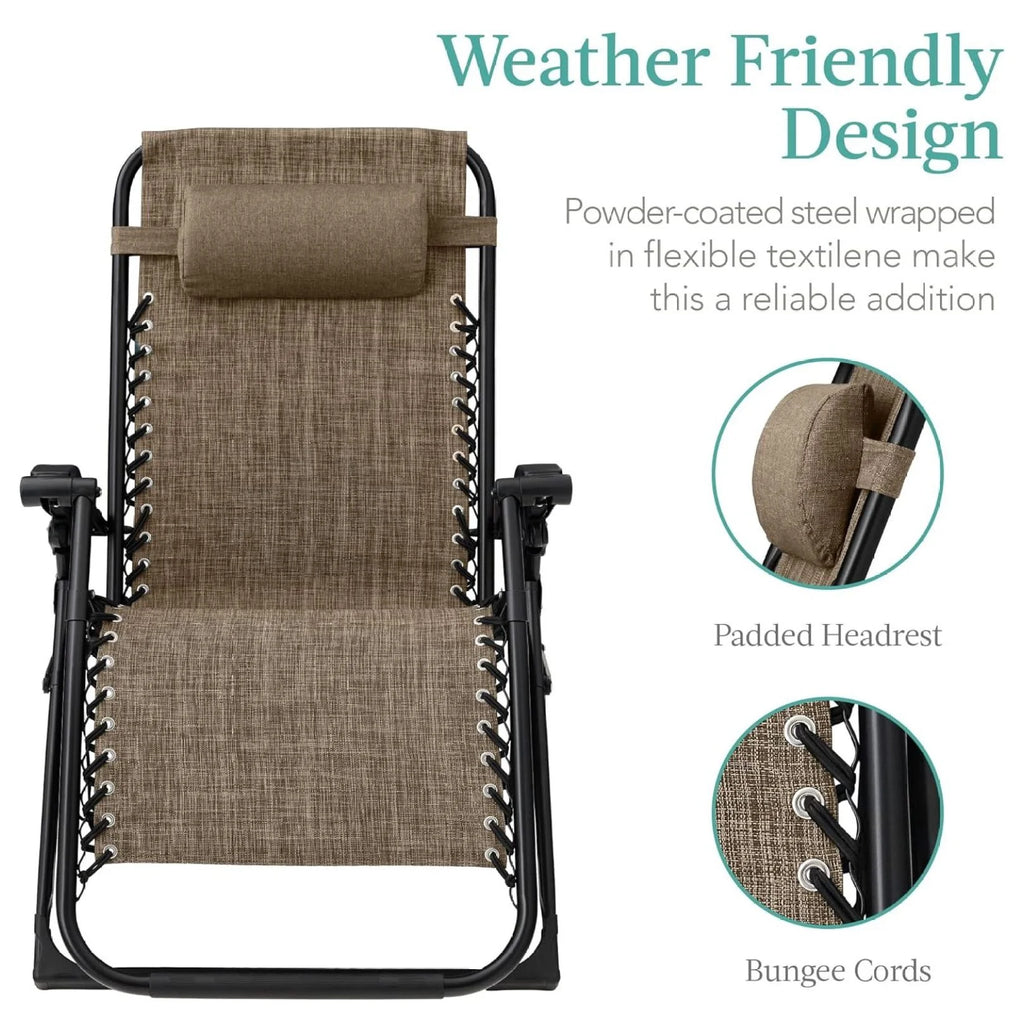 Oversized Chair. Folding Outdoor Patio Recliner. XL Anti Gravity Lounger W/Removable Cushion. Cup Holder. Side Tray. 350 lb Capacity - Taupe