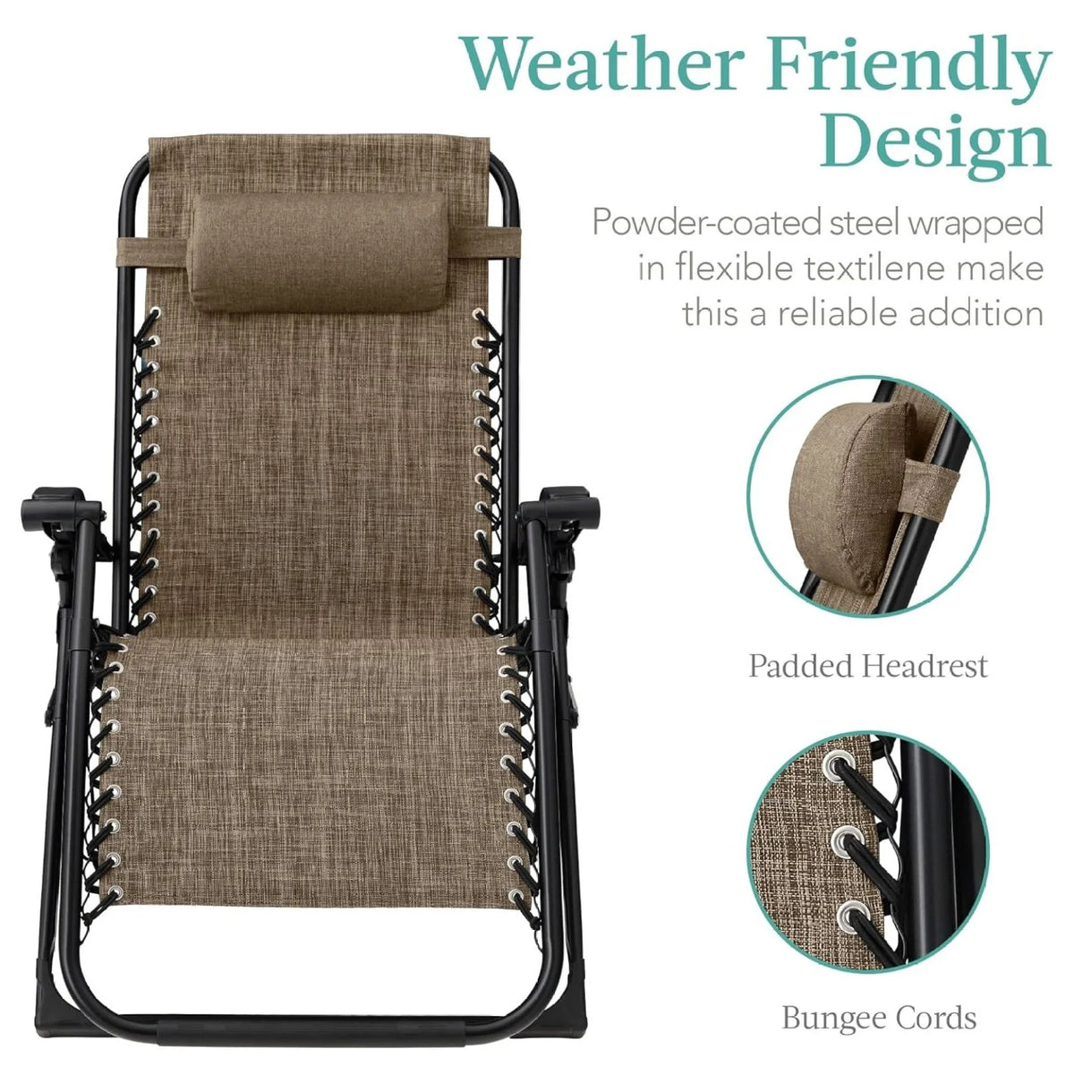 Oversized Chair. Folding Outdoor Patio Recliner. XL Anti Gravity Lounger W/Removable Cushion. Cup Holder. Side Tray. 350 lb Capacity - Taupe