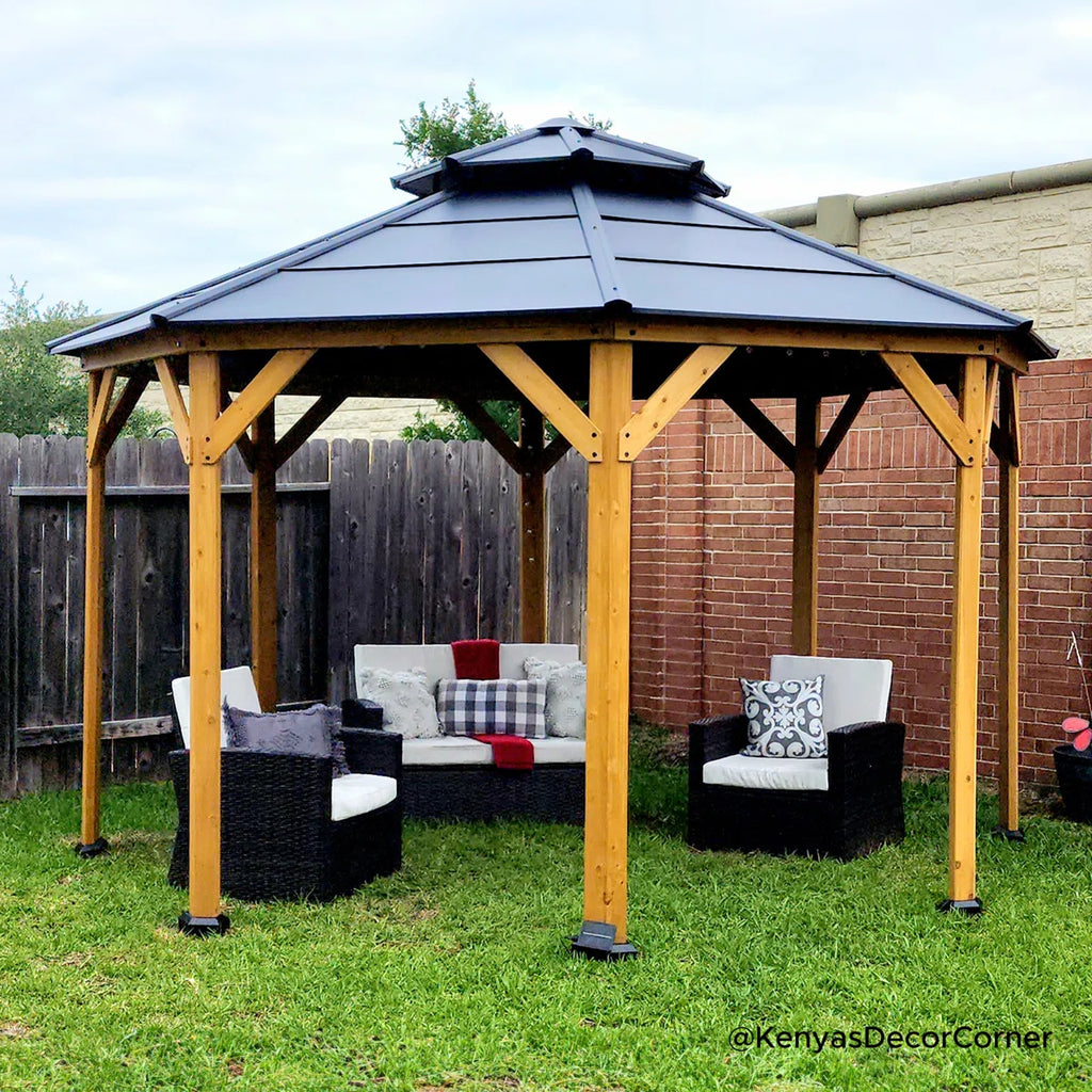 Sunjoy 13 x 13 ft. Cedar Framed Octagon Wood Gazebo with Double Tiered Steel Hardtop Roof and Ceiling Hook for Garden. Backyard Shade