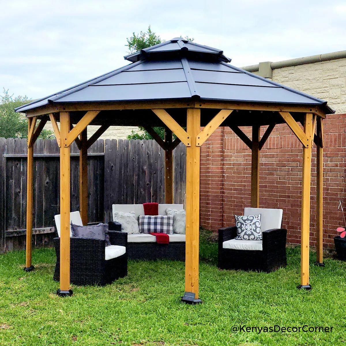 Sunjoy 13 x 13 ft. Cedar Framed Octagon Wood Gazebo with Double Tiered Steel Hardtop Roof and Ceiling Hook for Garden. Backyard Shade