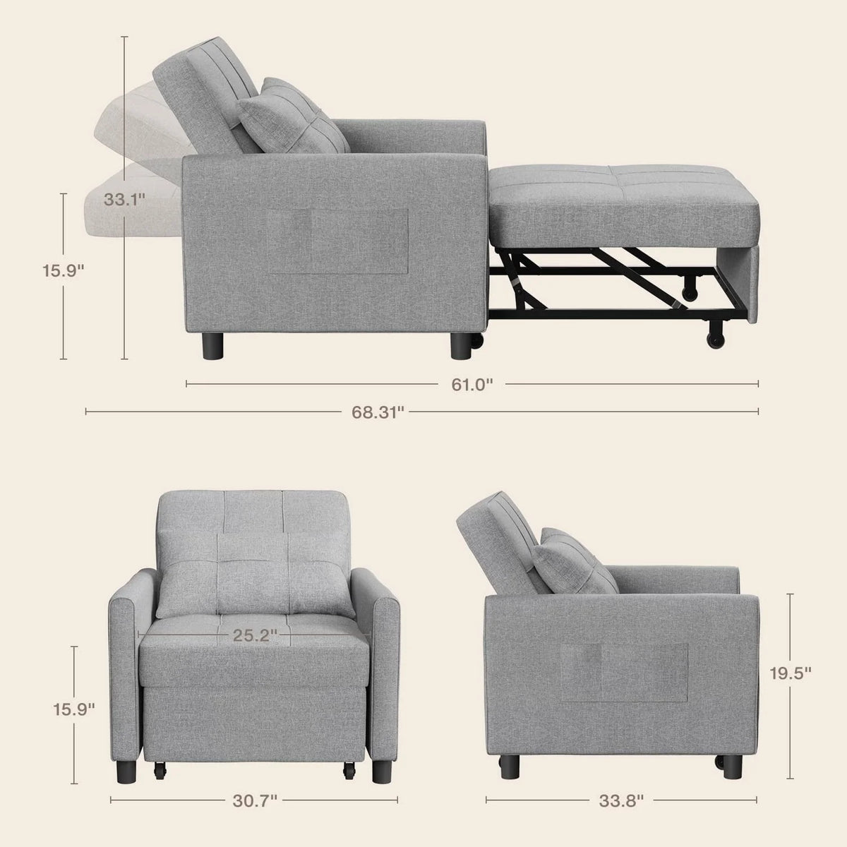 Lofka Chair Bed. Convertible Sofa Bed Couch Recliner Single Bed for Living Room/Office/Bedroom. Light Gray