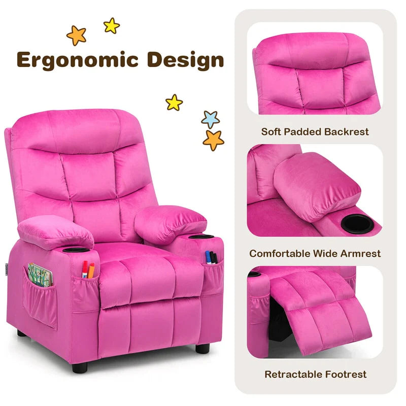 Kids Recliner Chair Adjustable Velvet Lounge Sofa with Cup Holders. 3 Pockets. Retractable Footrest. Toddler Furniture Sofa for Boys Girls Room