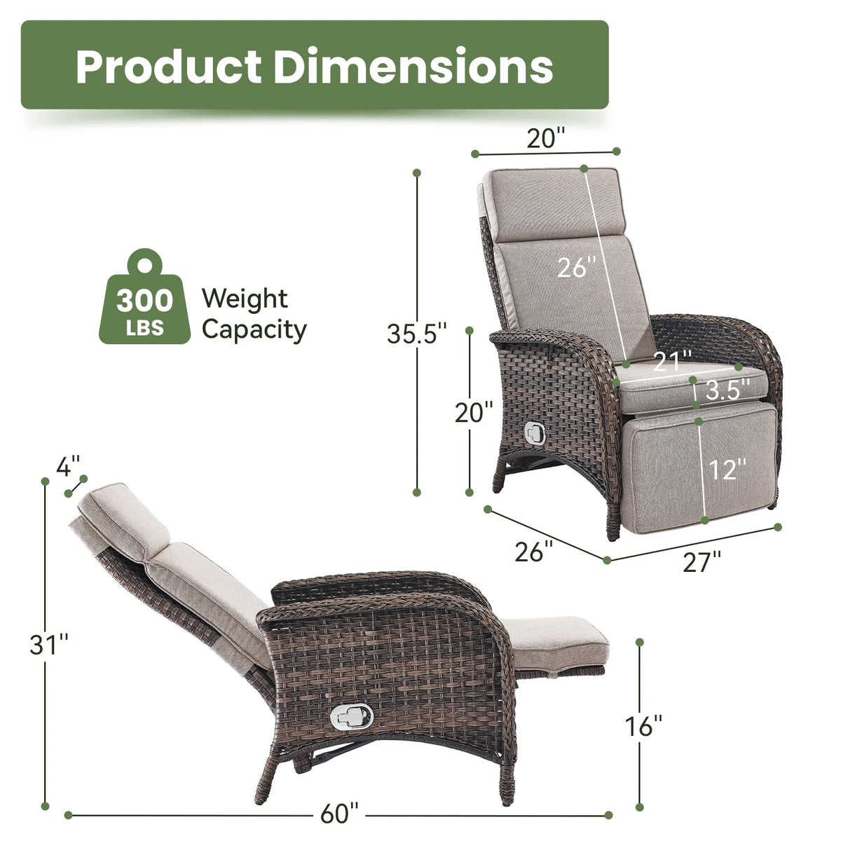 OPOHORO Outdoor Recliner Chair. Adjustable Reclining Patio Chair with Cushion. Wicker Outdoor Chaise Lounge with Adjustable Backrest and Footrest. Ideal for Pool Deck. Beige