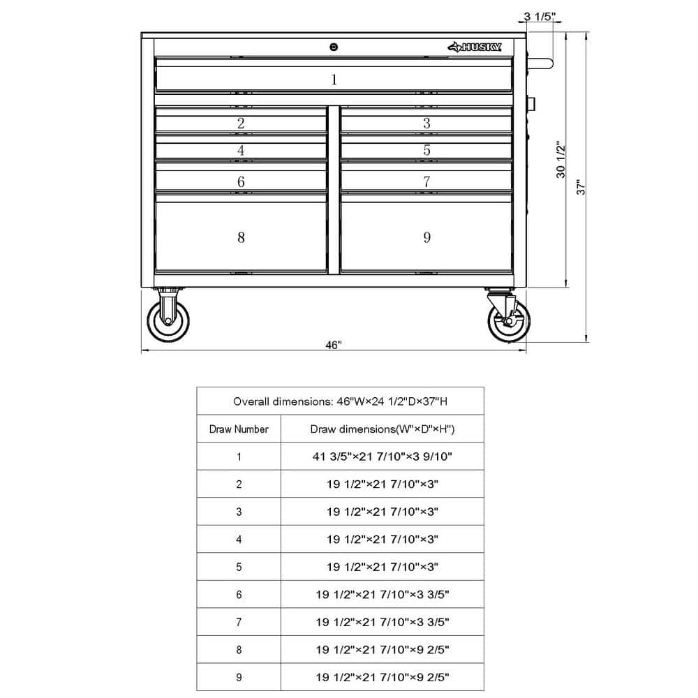 46 in. W x 24.5 in. D Standard Duty 9-Drawer Mobile Workbench Cabinet with Solid Wood Top in Gloss Black