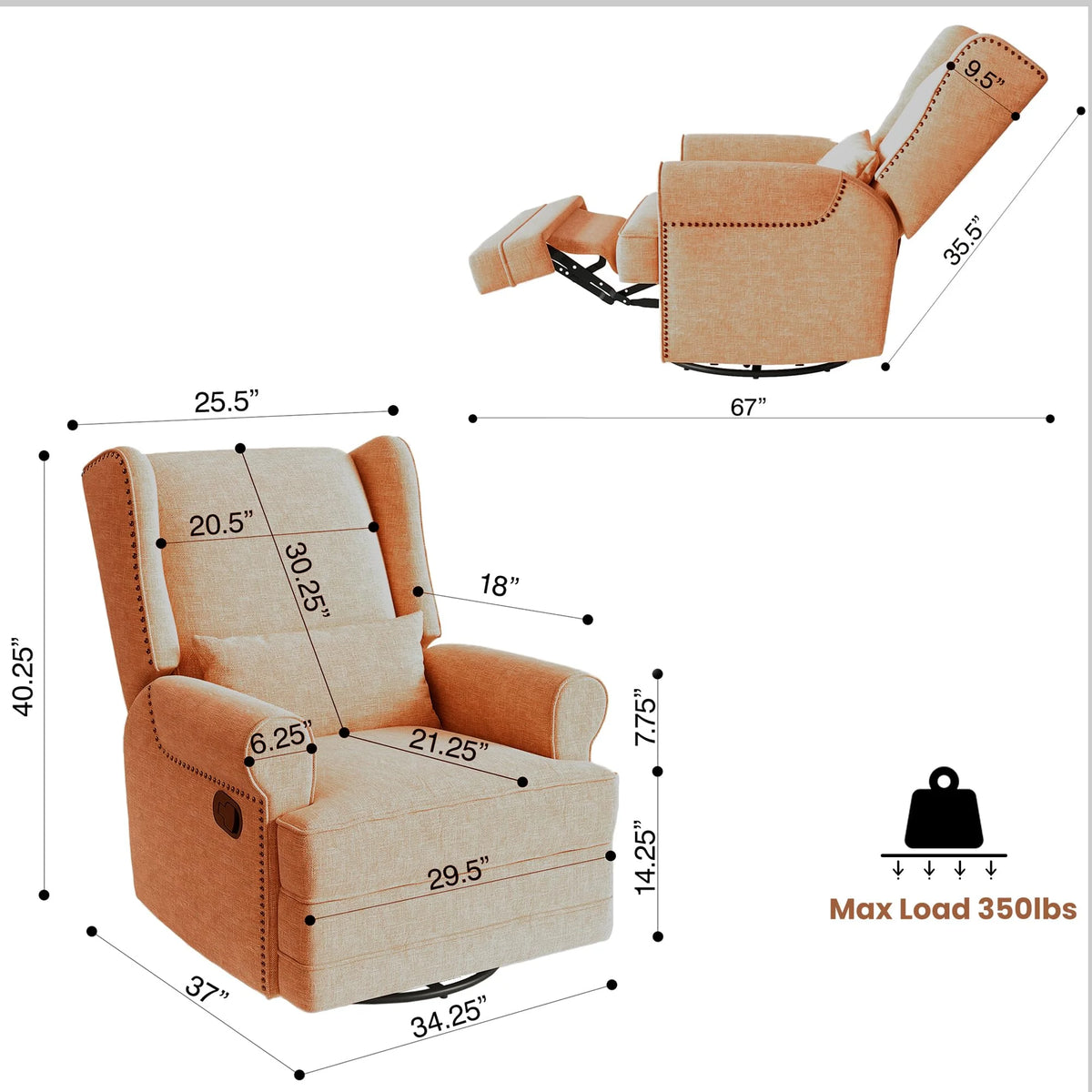Royalcraft Swivel Nursery Glider Recliner. Comfy Upholstered Glider Chair with Lumbar Pillow and Footrest. Beige