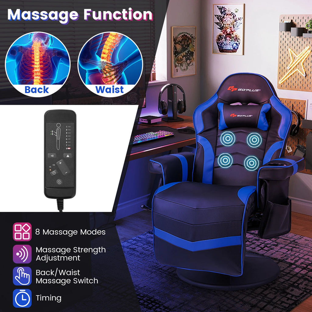 Goplus Massage Gaming Recliner Height Adjustable Racing Swivel Chair with Cup Holder Red