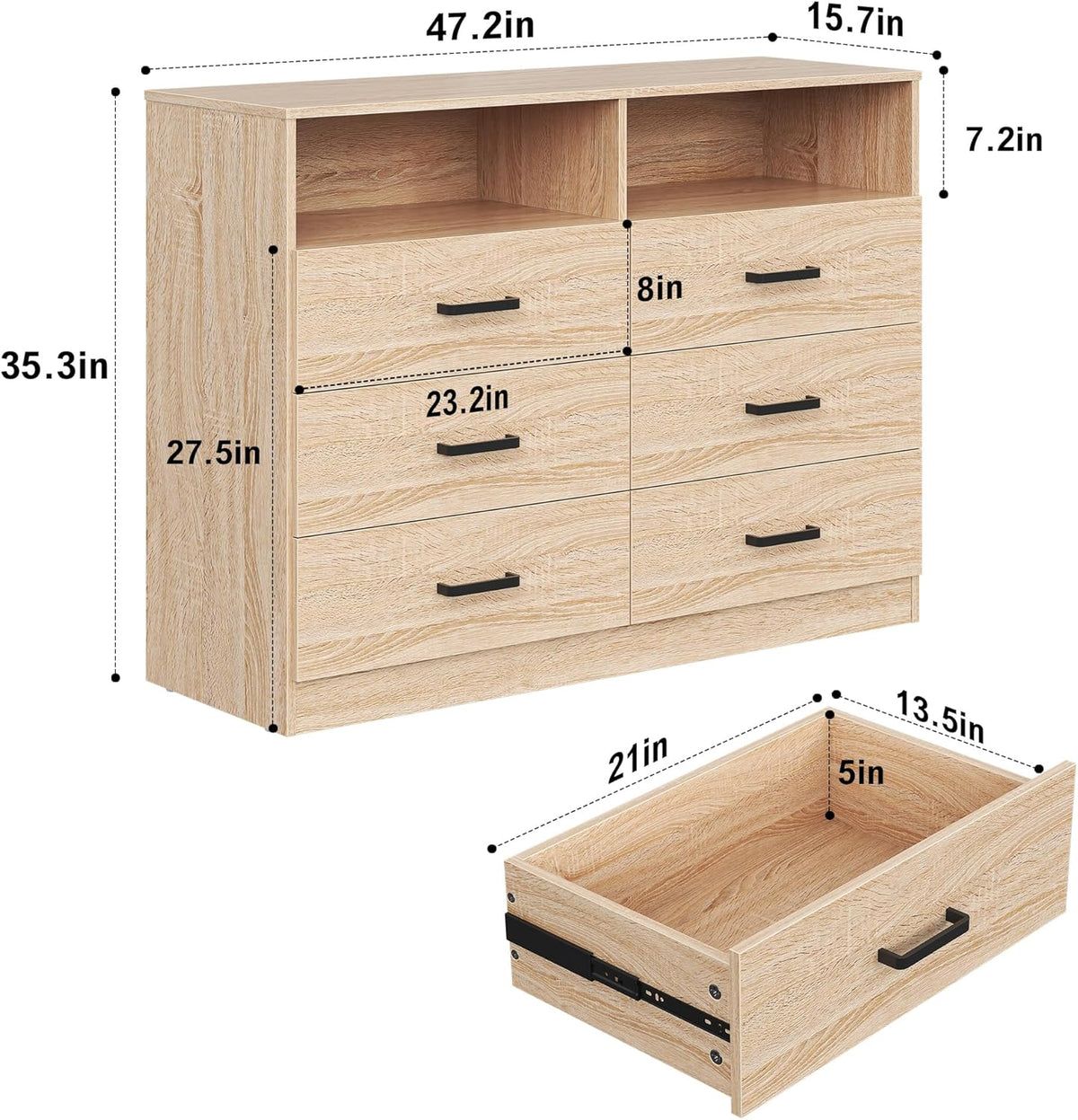Bigbiglife Wood Dresser for Bedroom. 6 Drawer Double Dresser. Modern Chest of Drawers with Deep Drawers. Large Storage Organizer for Living Room. Closet