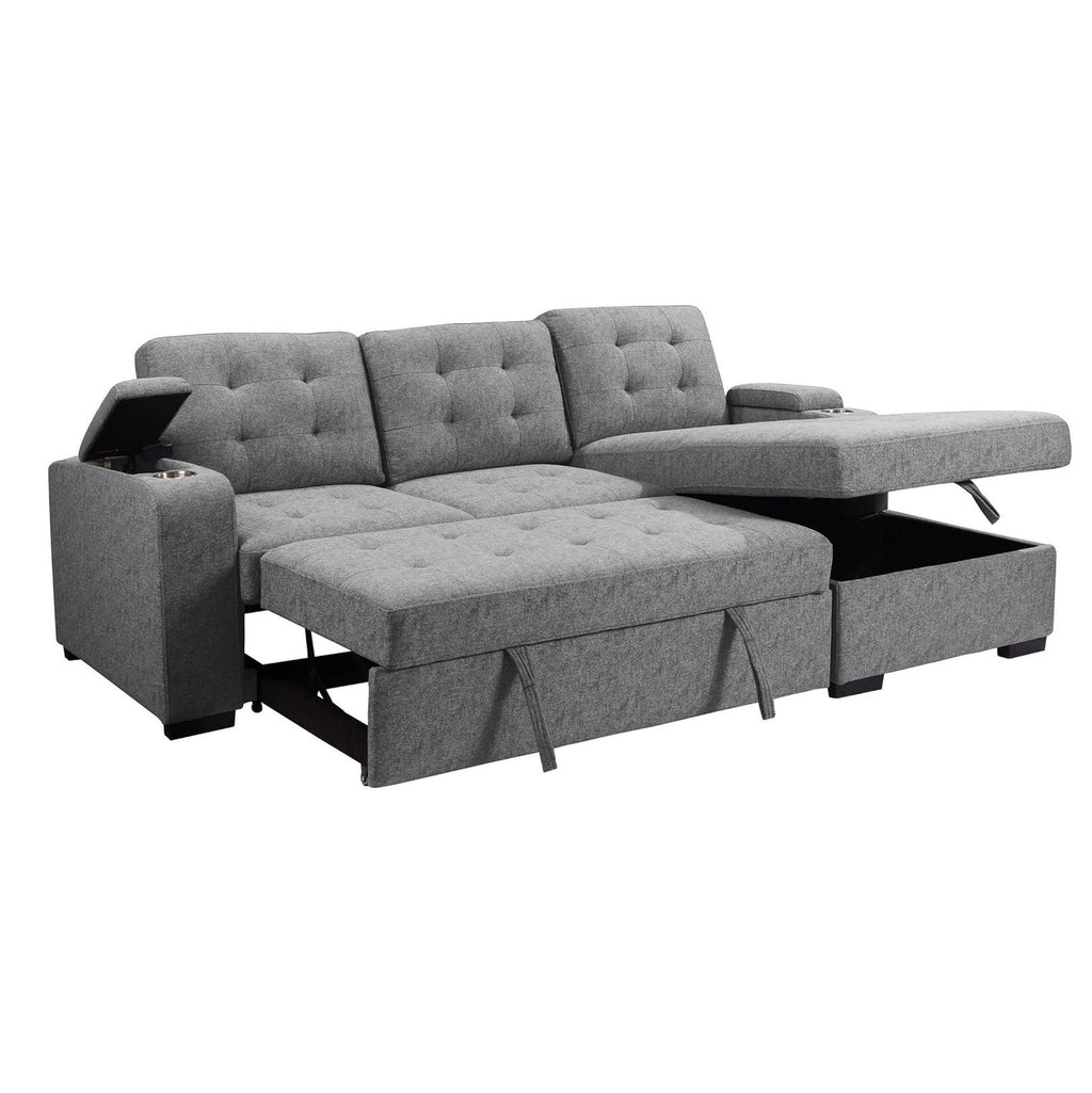 Benjara 120 Inch Sleeper Sectional Sofa Bed with Storage. Modern Tufted Gray Fabric