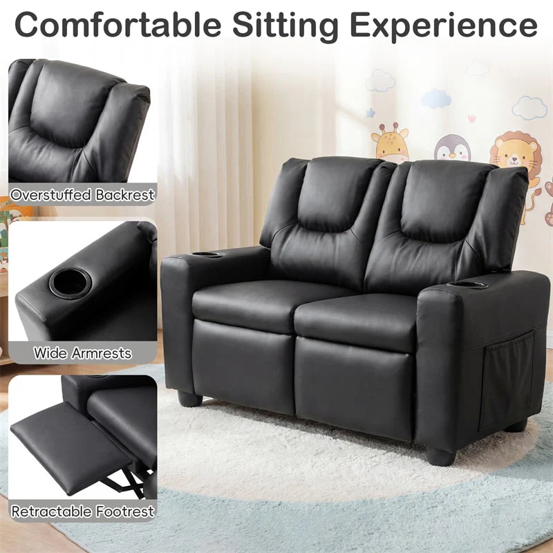 2-Seater Kids Recliner. PU Leather Reclining Loveseat with Cup Holders & 2 Side Storage Pockets. Adjustable Double Toddler Sofa for Boys Girls