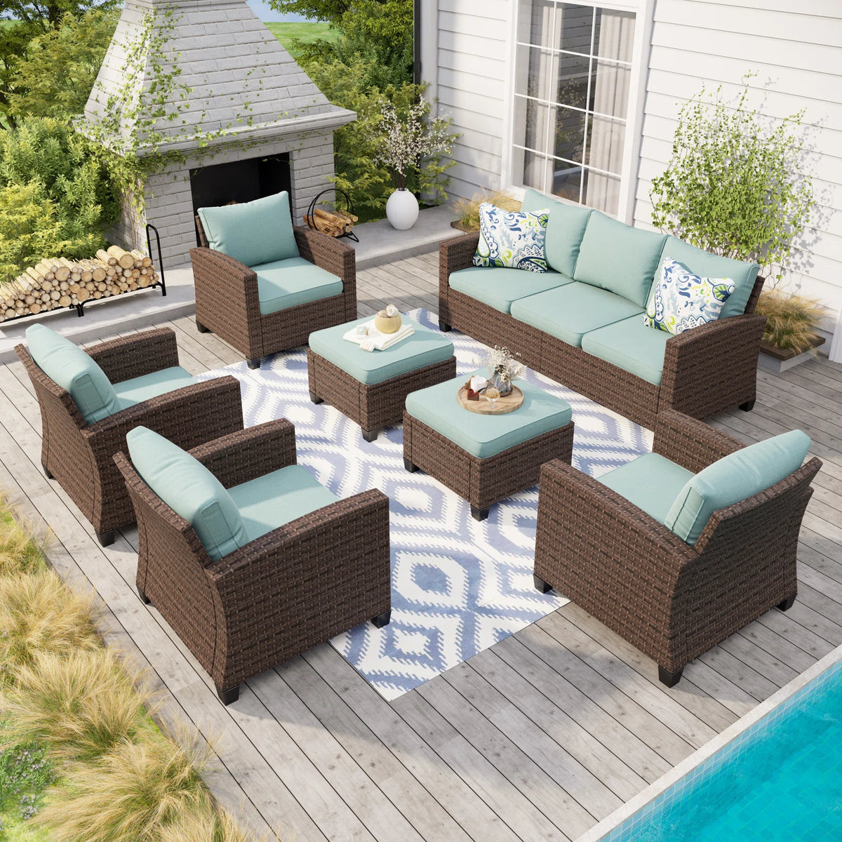 Wicker 9 - Person Garden Lounge Set with Cushions
