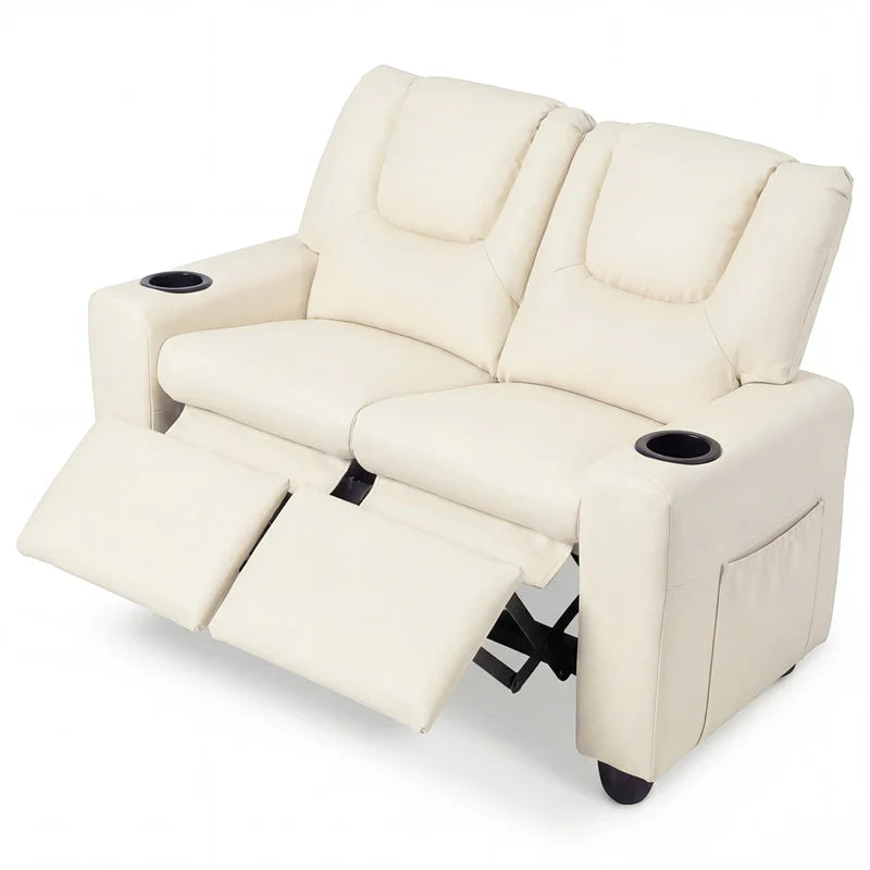 2-Seater Kids Recliner. PU Leather Reclining Loveseat with Cup Holders & 2 Side Storage Pockets. Adjustable Double Toddler Sofa for Boys Girls