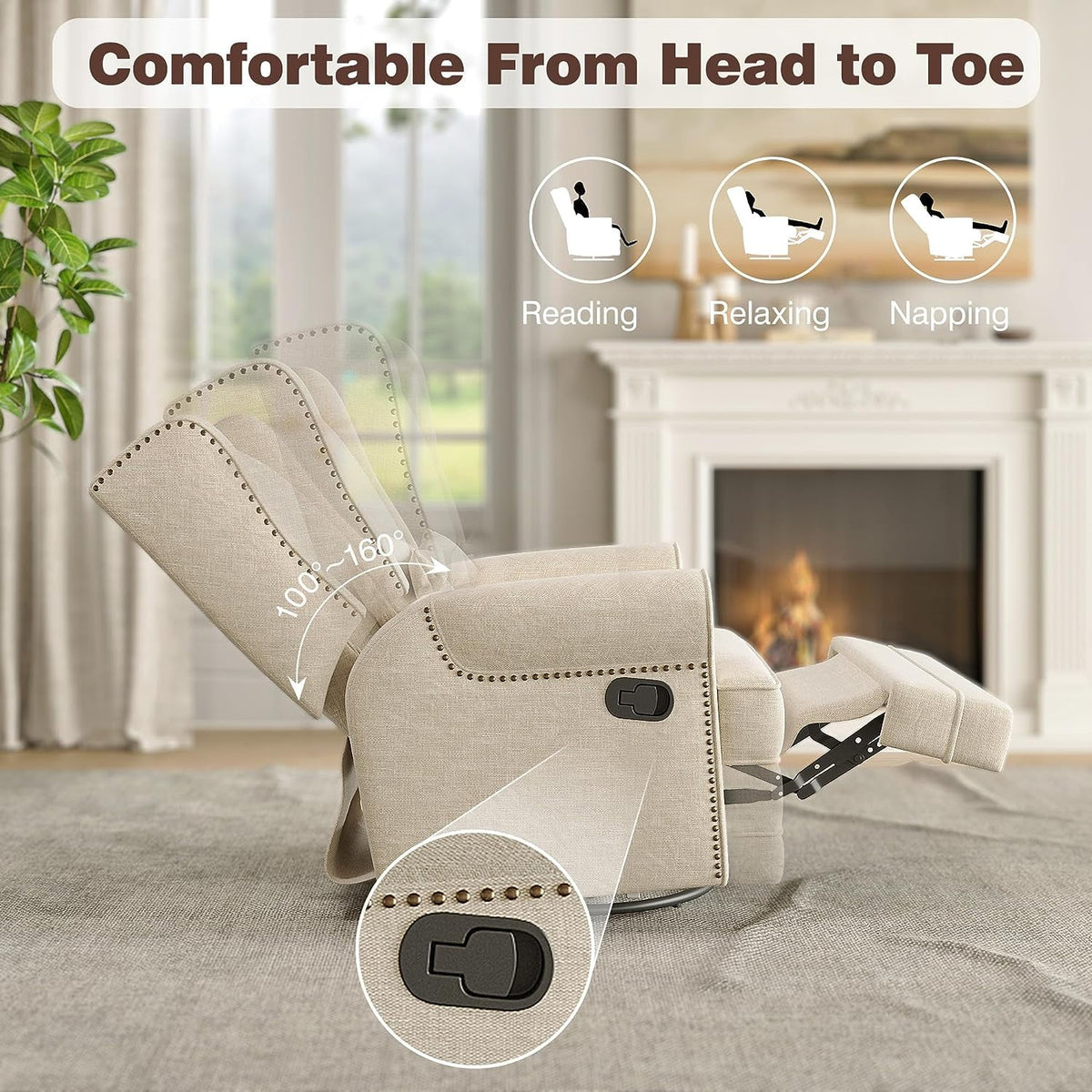 Royalcraft Swivel Nursery Glider Recliner. Comfy Upholstered Glider Chair with Lumbar Pillow and Footrest. Beige