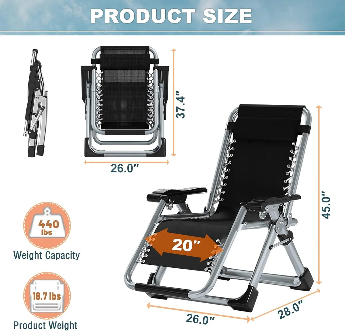 NAIZEA 2 Pack Zero Gravity Chair. Foldable Portable Lawn Recliner with Cushion. Headrest. Cup Holder. Black
