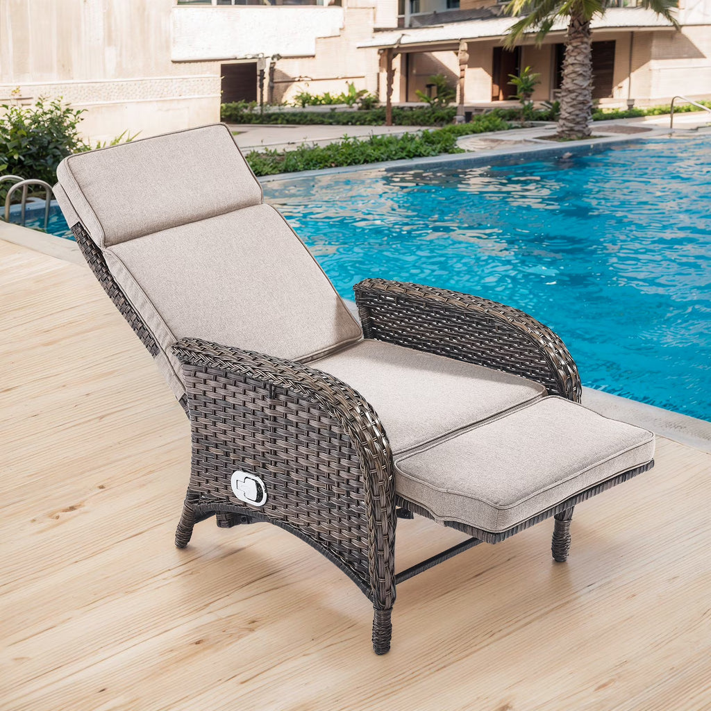 OPOHORO Outdoor Recliner Chair. Adjustable Reclining Patio Chair with Cushion. Wicker Outdoor Chaise Lounge with Adjustable Backrest and Footrest. Ideal for Pool Deck. Beige