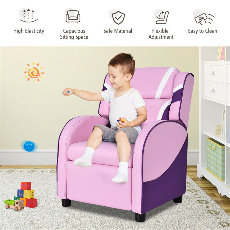 Kids Recliner Chair. Adjustable PU Leather Gaming Sofa with Footrest. Lumbar Support & Side Pockets. Ergonomic Children Lounge Armchair