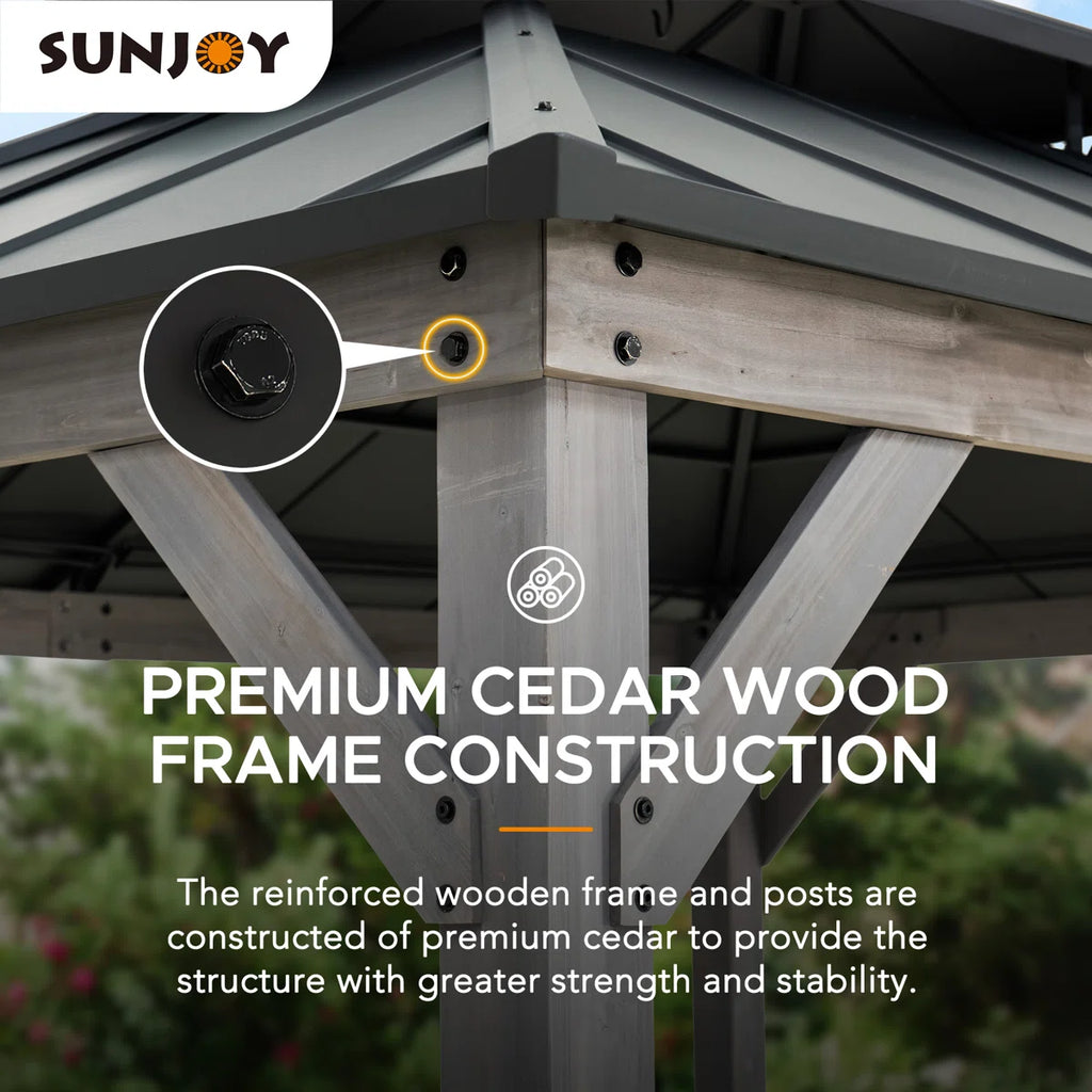 Sunjoy 10 x 12 ft. Wood Gazebo. Outdoor Patio Steel Hardtop Gazebo. Cedar Framed Wooden Gazebo with 2-Tier Metal Roof. Suitable for Patios. Lawn and Backyard