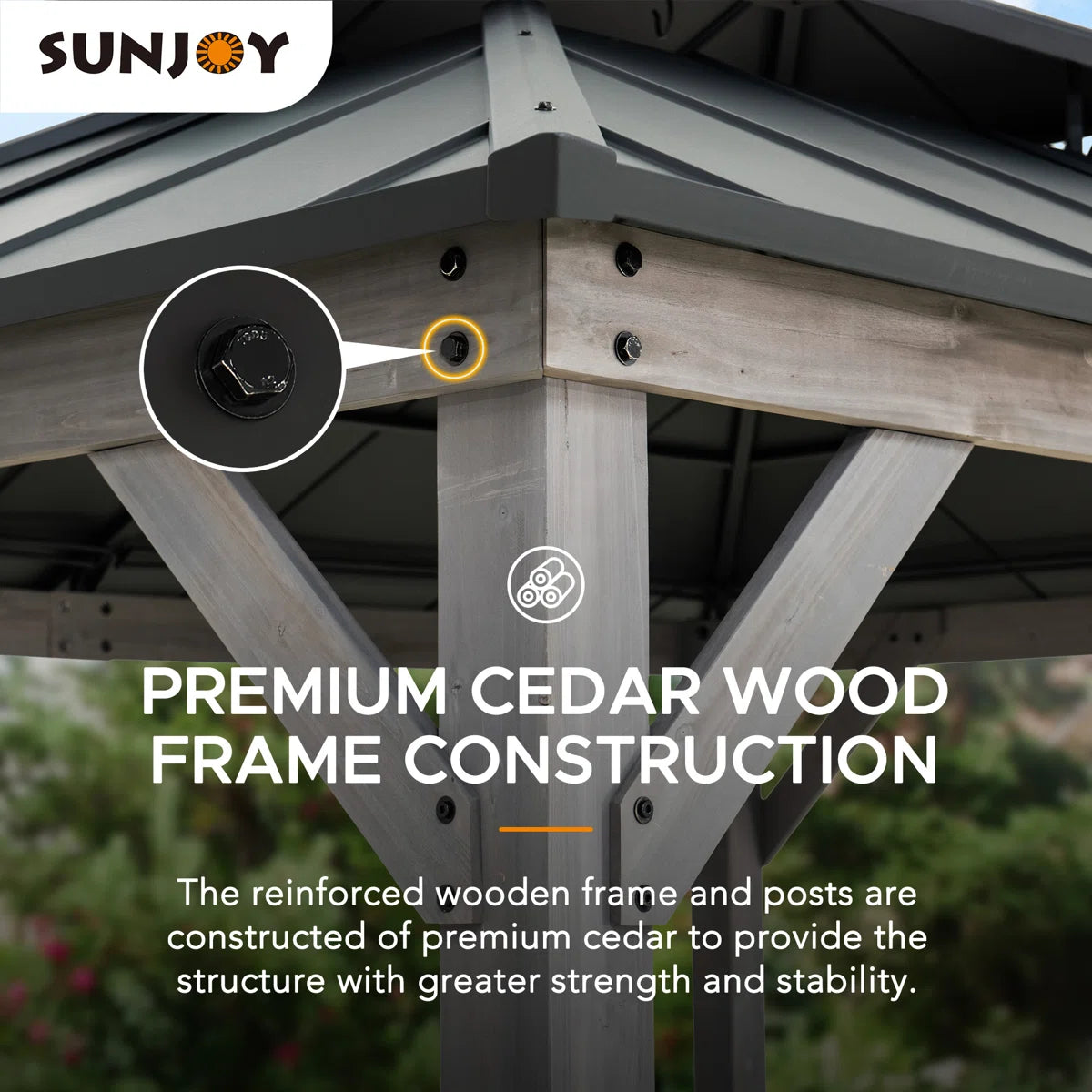 Sunjoy 10 x 12 ft. Wood Gazebo. Outdoor Patio Steel Hardtop Gazebo. Cedar Framed Wooden Gazebo with 2-Tier Metal Roof. Suitable for Patios. Lawn and Backyard