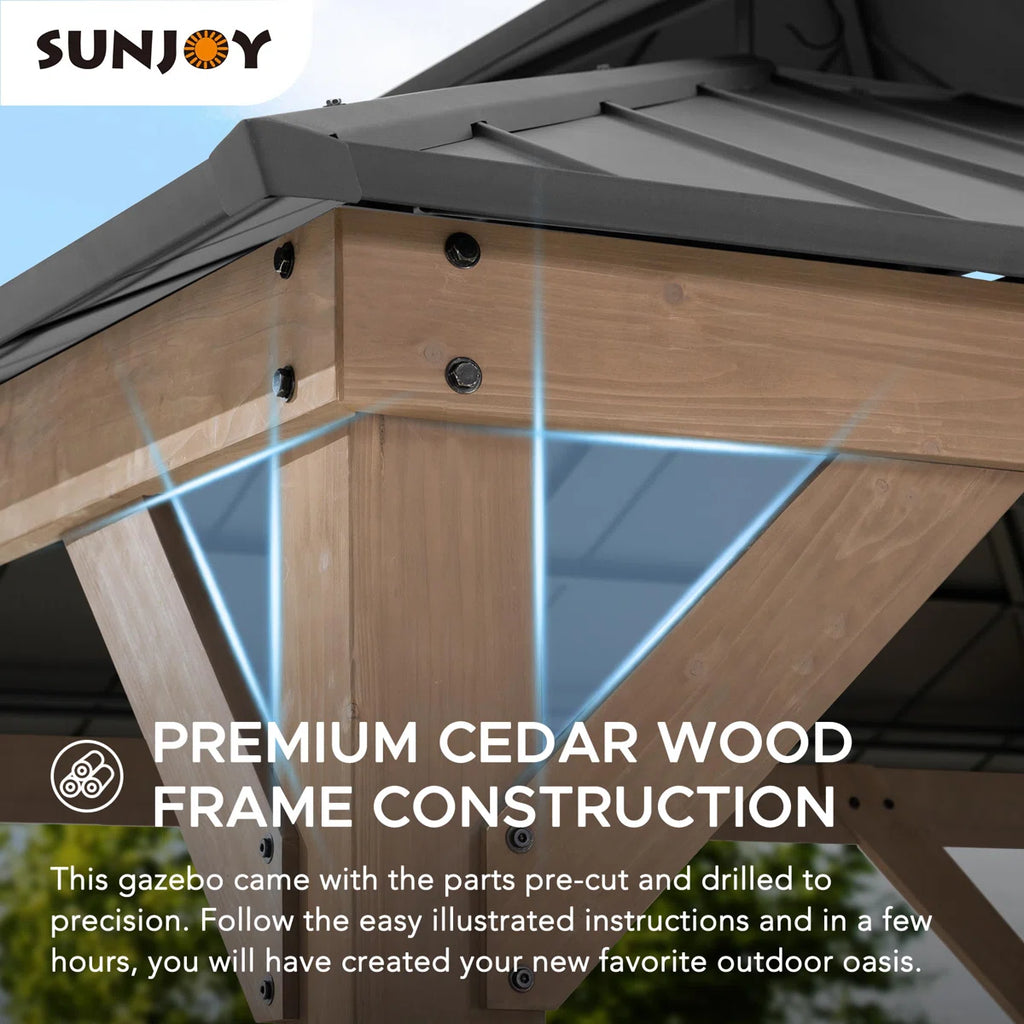 Sunjoy 11 x 11 ft. Wood Gazebo Standard Cedar Framed Gazebos with Black Double Steel Hardtop Roof for Garden. Backyard Shade