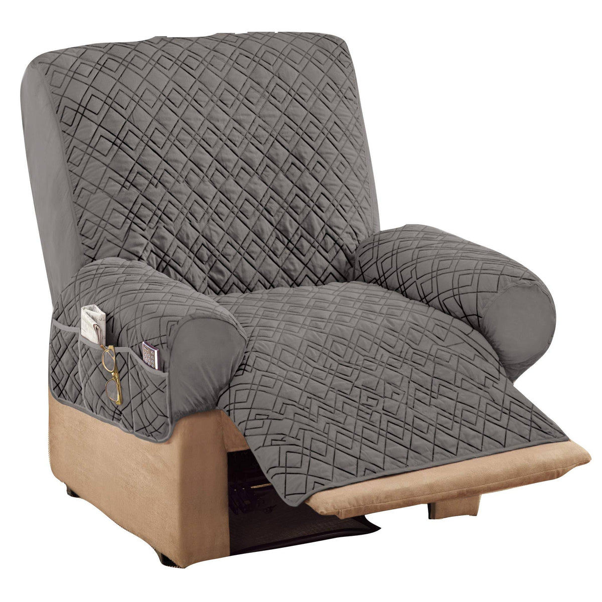 Collections Etc Diamond-Shape Quilted Stretch Recliner Cover with Storage Pockets and Elastic Straps - Furniture Protector. Gray