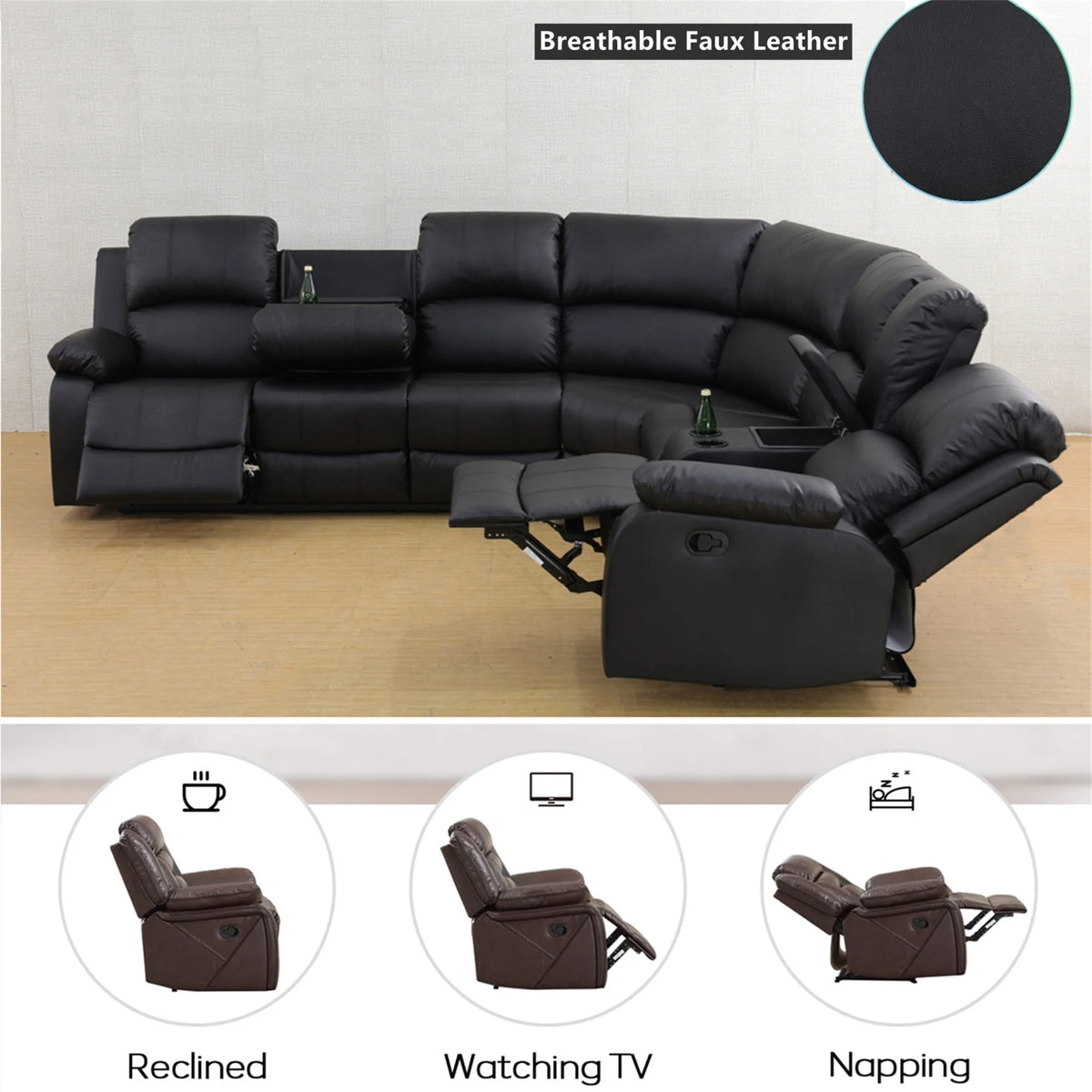 Aukfa 3 - Piece Recliner Sofa Set. 6 Seat Sectional Couch with Cup Holders&Storage Console. Gray