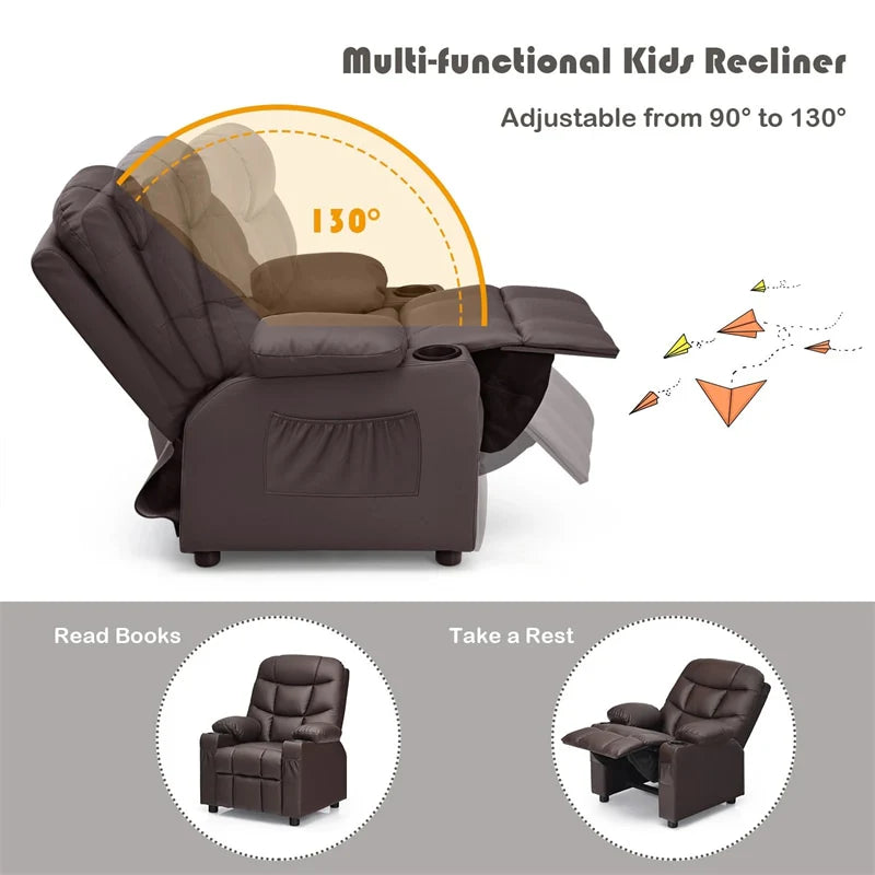 Kids Recliner Chair PU Leather Adjustable Lounge Sofa with Cup Holder. 3 Pockets & Retractable Footrest. Ergonomic Toddler Furniture Sofa
