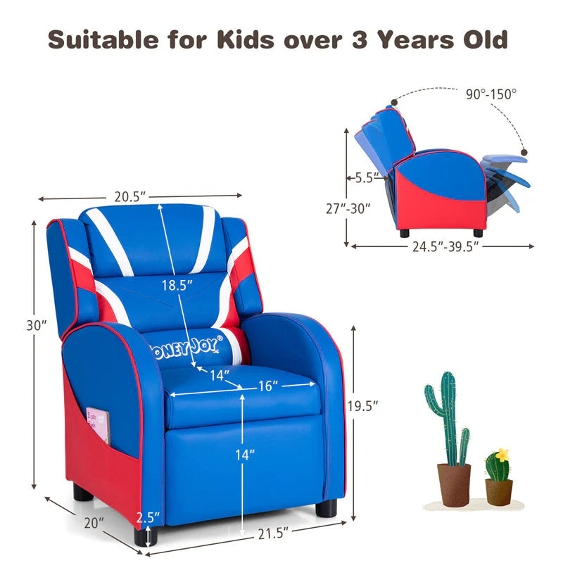Kids Recliner Chair. Adjustable PU Leather Gaming Sofa with Footrest. Lumbar Support & Side Pockets. Ergonomic Children Lounge Armchair