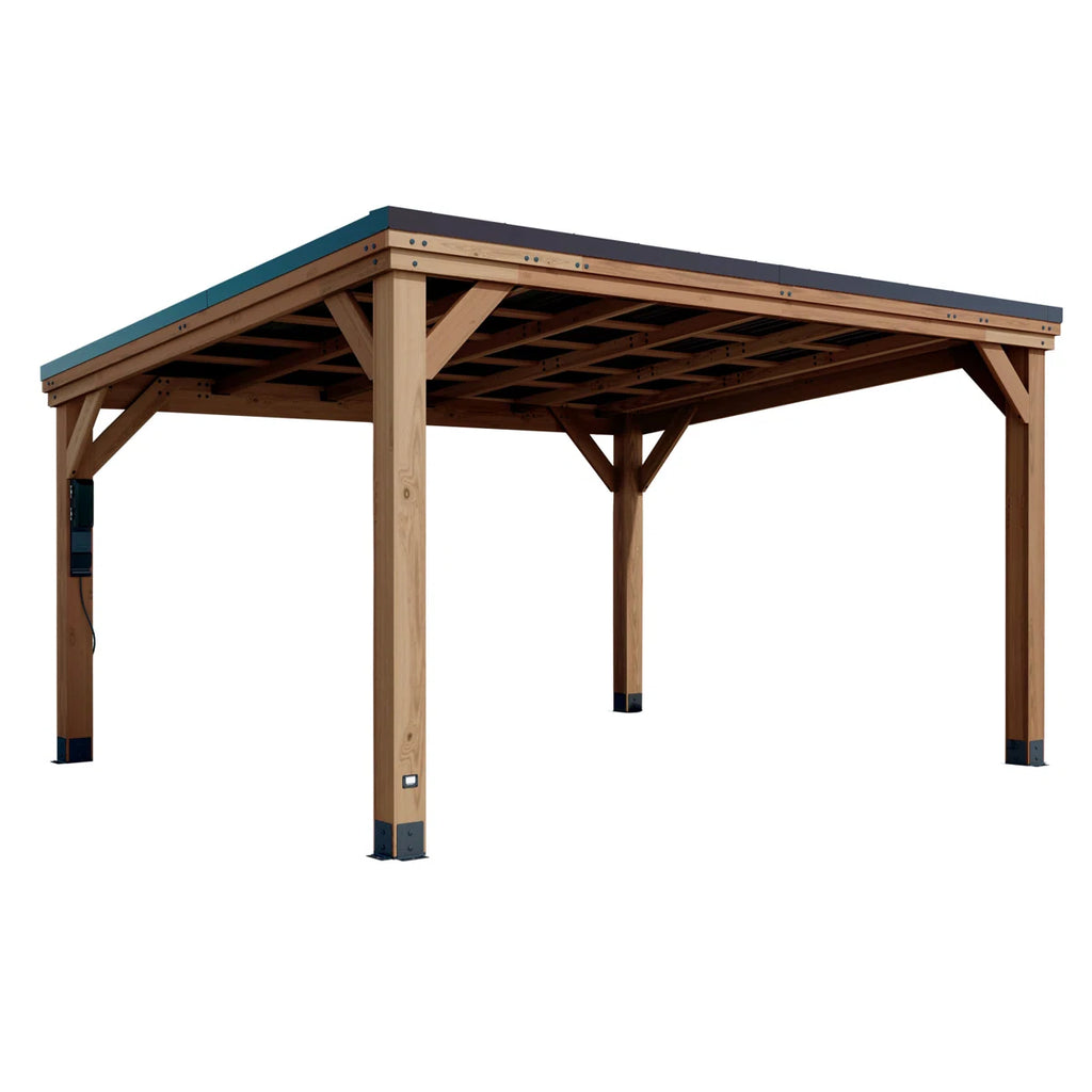 Backyard Discovery Arcadia 14' x 12' Cedar Wood Outdoor Patio Gazebo with Hardtop Galvanized Steel Slope Roof and PowerPort