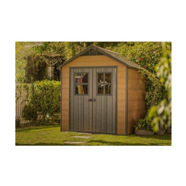 7.5×7 Large Resin Outdoor Storage Shed Kit – Perfect to Store Patio Furniture. Garden Tools. Bike Accessories. and Lawn Mower. Mahogany Brown