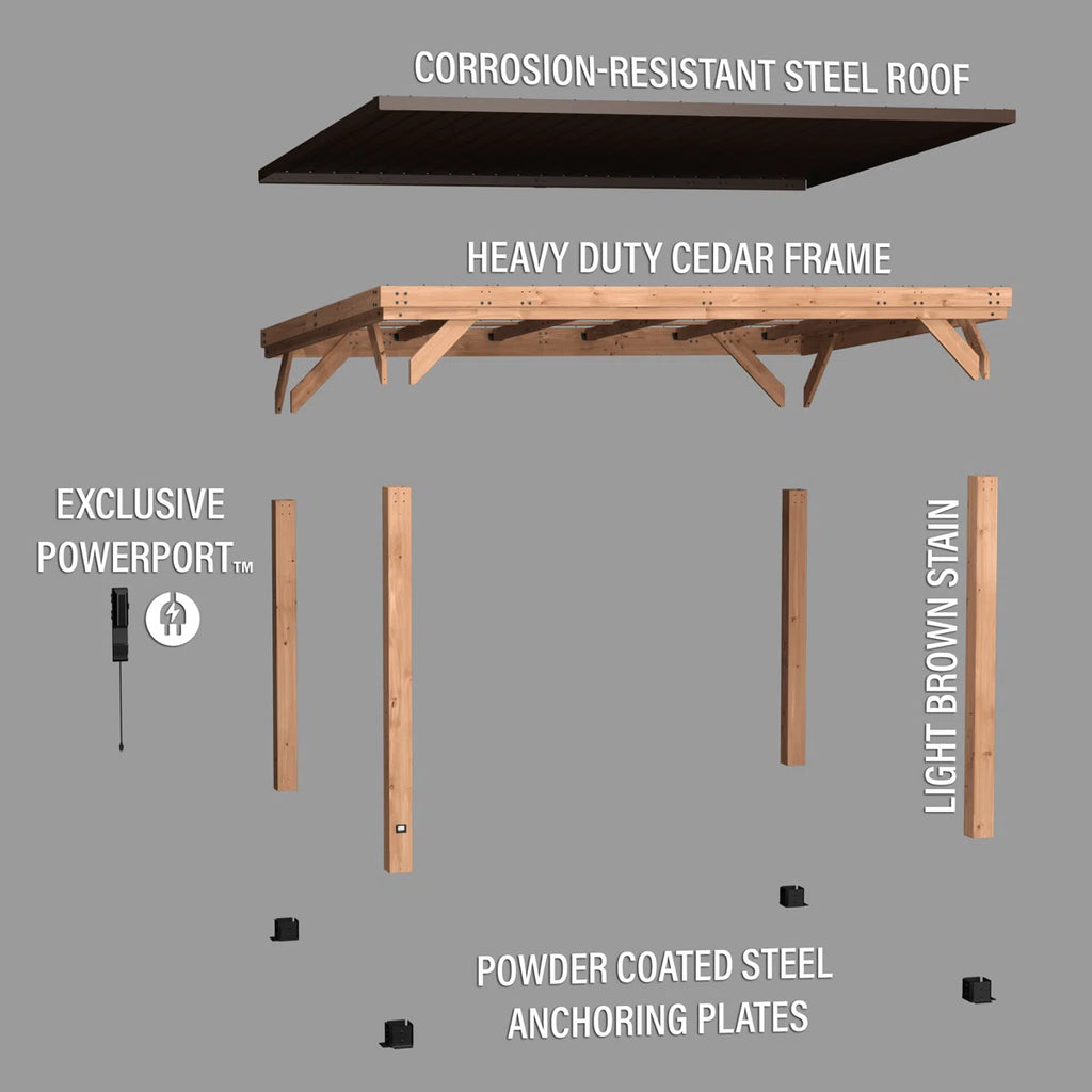 Backyard Discovery Arcadia 14' x 12' Cedar Wood Outdoor Patio Gazebo with Hardtop Galvanized Steel Slope Roof and PowerPort