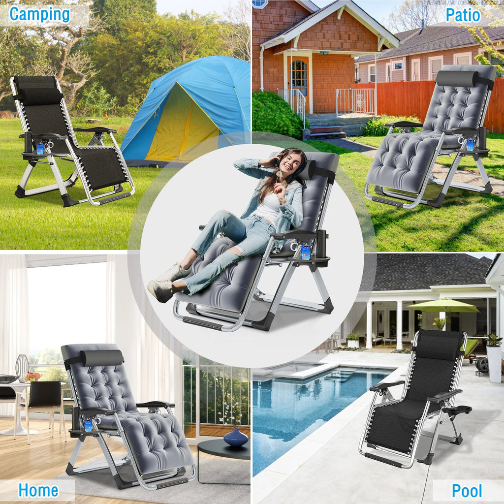 NAIZEA 2 Pack Zero Gravity Chair. Foldable Portable Lawn Recliner with Cushion. Headrest. Cup Holder. Black