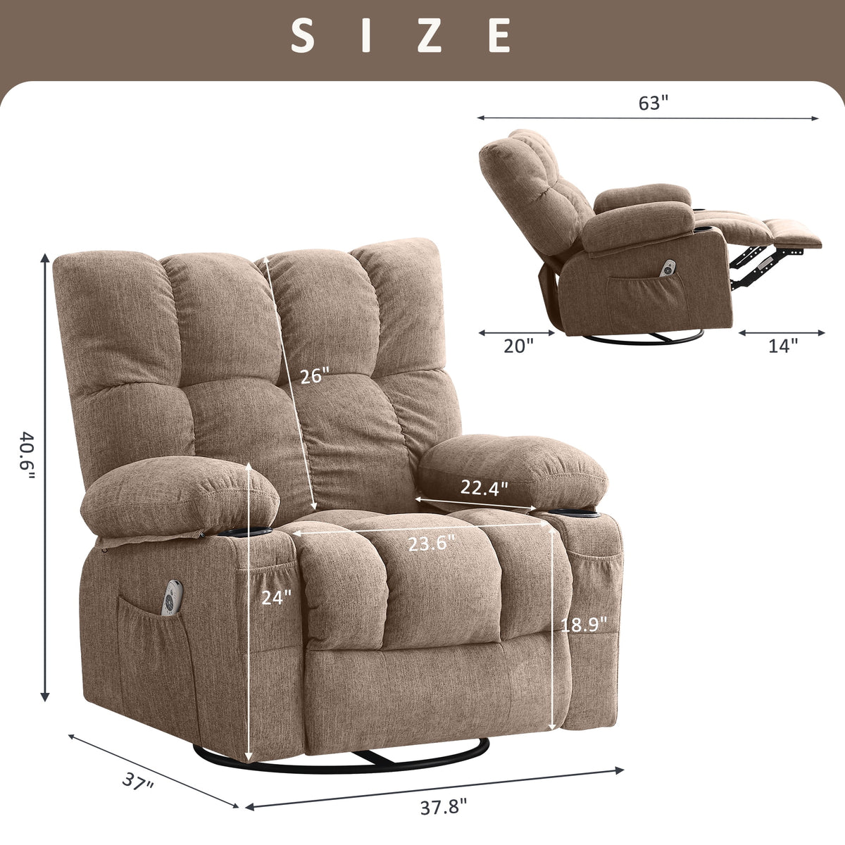 JONPONY Manual Recliner Chair with Heat Therapy and Massage Function. Heavy Duty Reclining Mechanism Massage Chair. Elderly Single Rocker Sofa with Cup Holders for Bedroom Home Theater. Grey