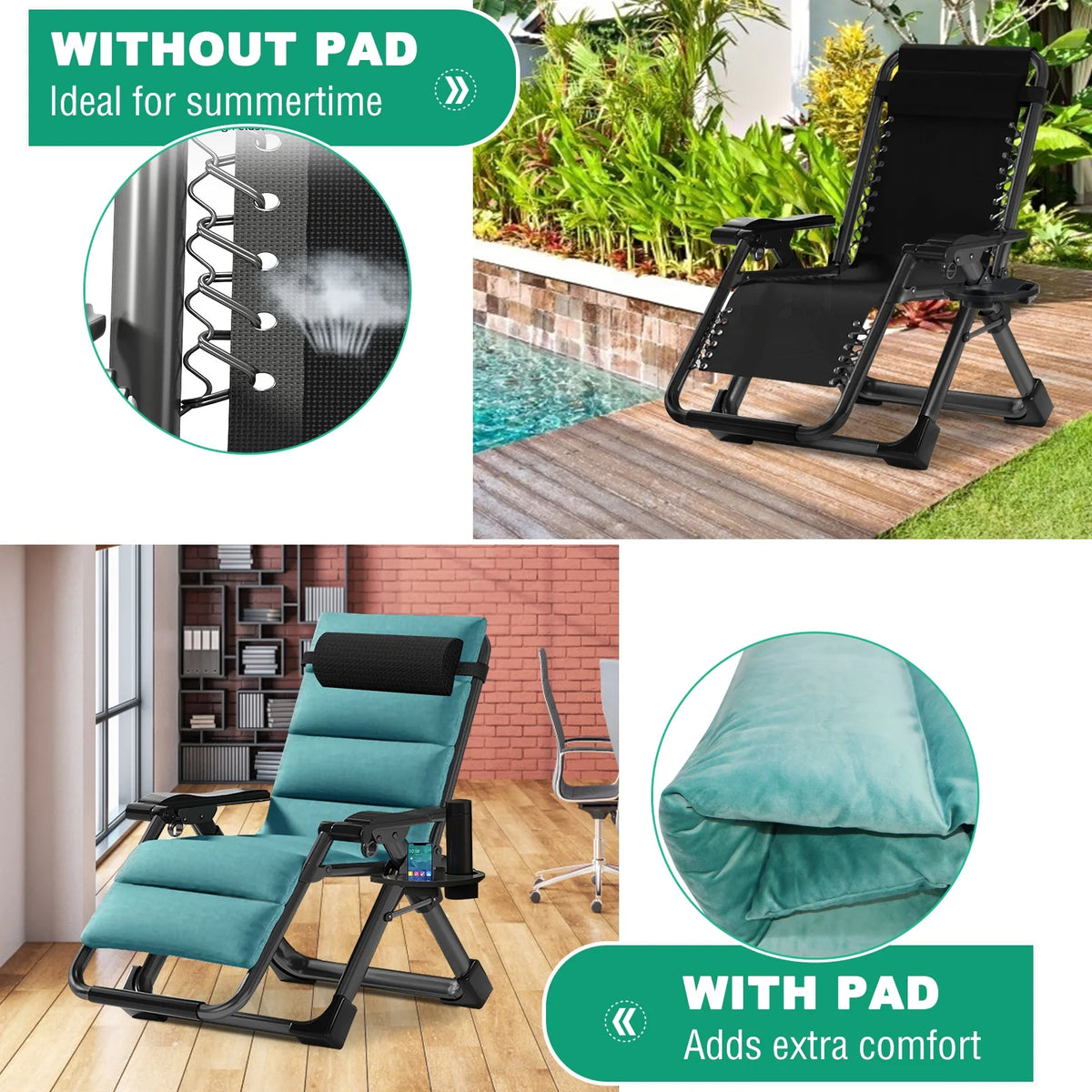 NAIZEA Outdoor Zero Gravity Chair Camping Recliner Lawn Recliner. Reclining Patio Lounger Chair. Folding Portable Chaise with Detachable Soft Cushion. Cup Holder. Headrest