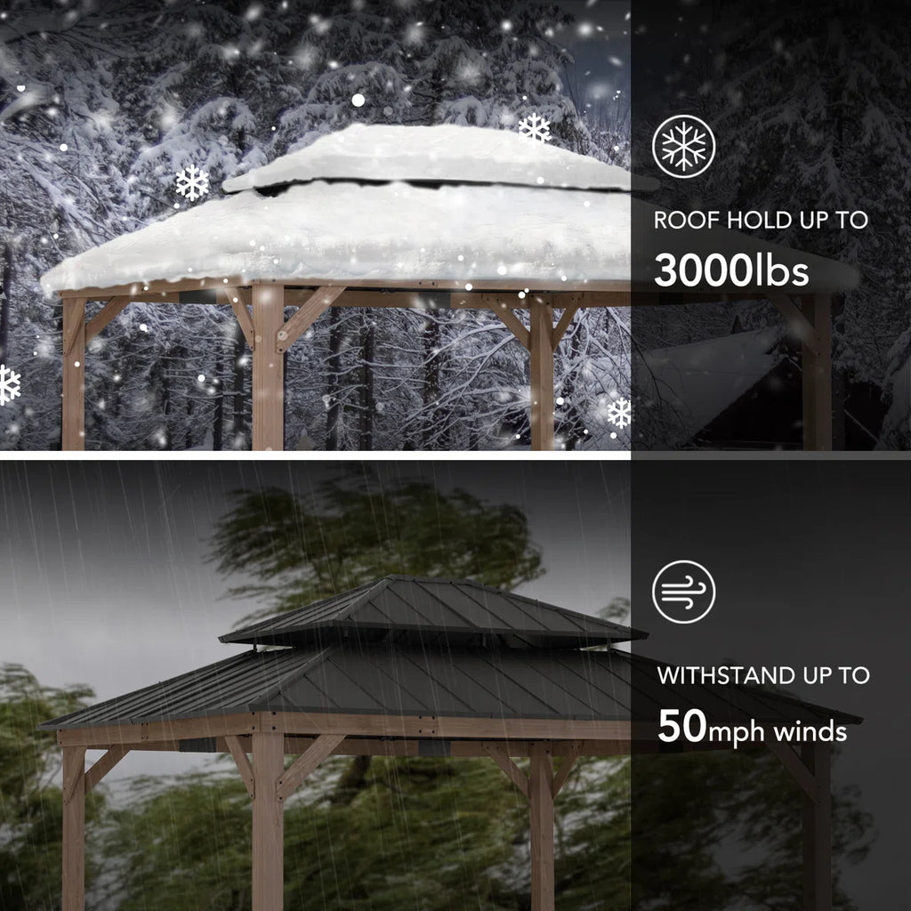 Sunjoy 13 x 15 ft. Wood Gazebo. Outdoor Patio Steel Hardtop Gazebo. Cedar Framed Wooden Gazebo with 2-Tier Metal Roof. Suitable for Patios. Lawn and Backyard