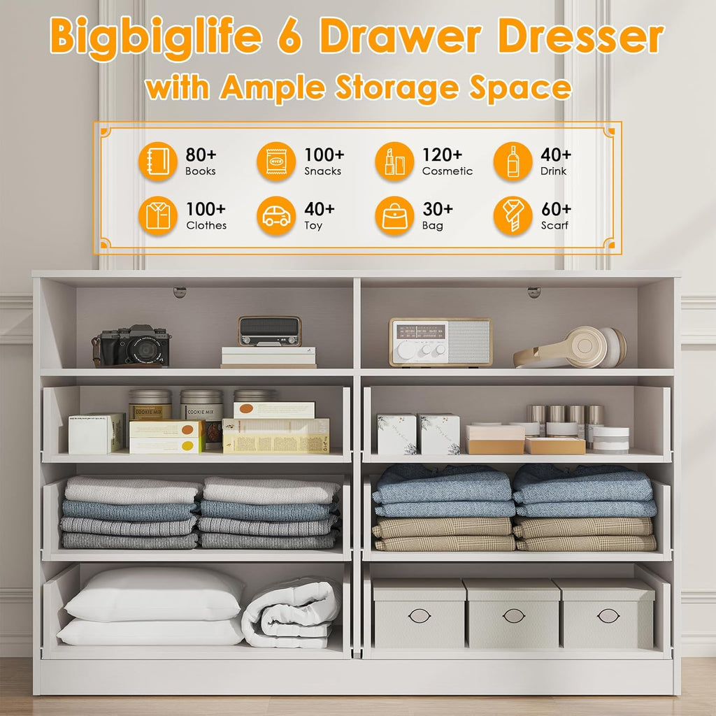 Bigbiglife Wood Dresser for Bedroom. 6 Drawer Double Dresser. Modern Chest of Drawers with Deep Drawers. Large Storage Organizer for Living Room. Closet