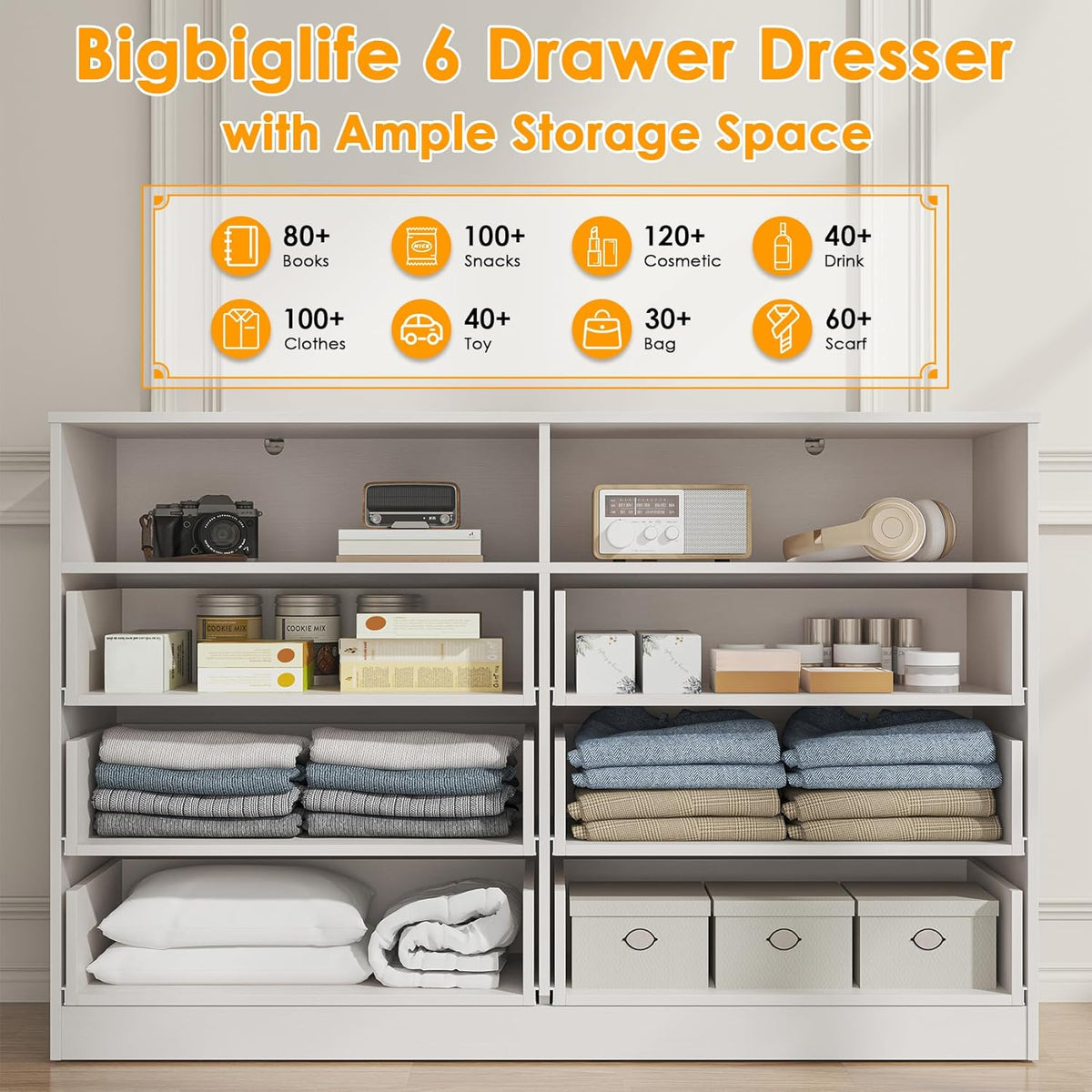Bigbiglife Wood Dresser for Bedroom. 6 Drawer Double Dresser. Modern Chest of Drawers with Deep Drawers. Large Storage Organizer for Living Room. Closet