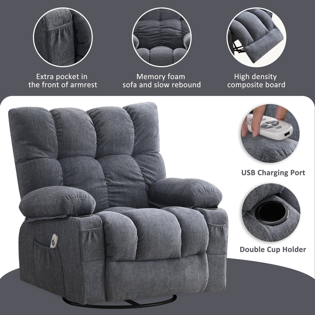 JONPONY Manual Recliner Chair with Heat Therapy and Massage Function. Heavy Duty Reclining Mechanism Massage Chair. Elderly Single Rocker Sofa with Cup Holders for Bedroom Home Theater. Grey