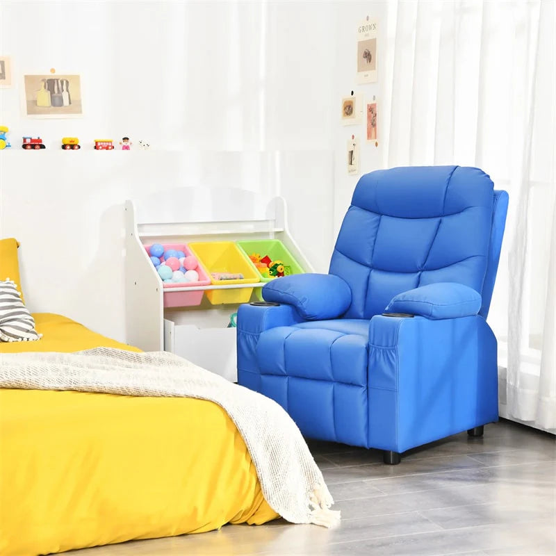 Kids Recliner Chair PU Leather Adjustable Lounge Sofa with Cup Holder. 3 Pockets & Retractable Footrest. Ergonomic Toddler Furniture Sofa
