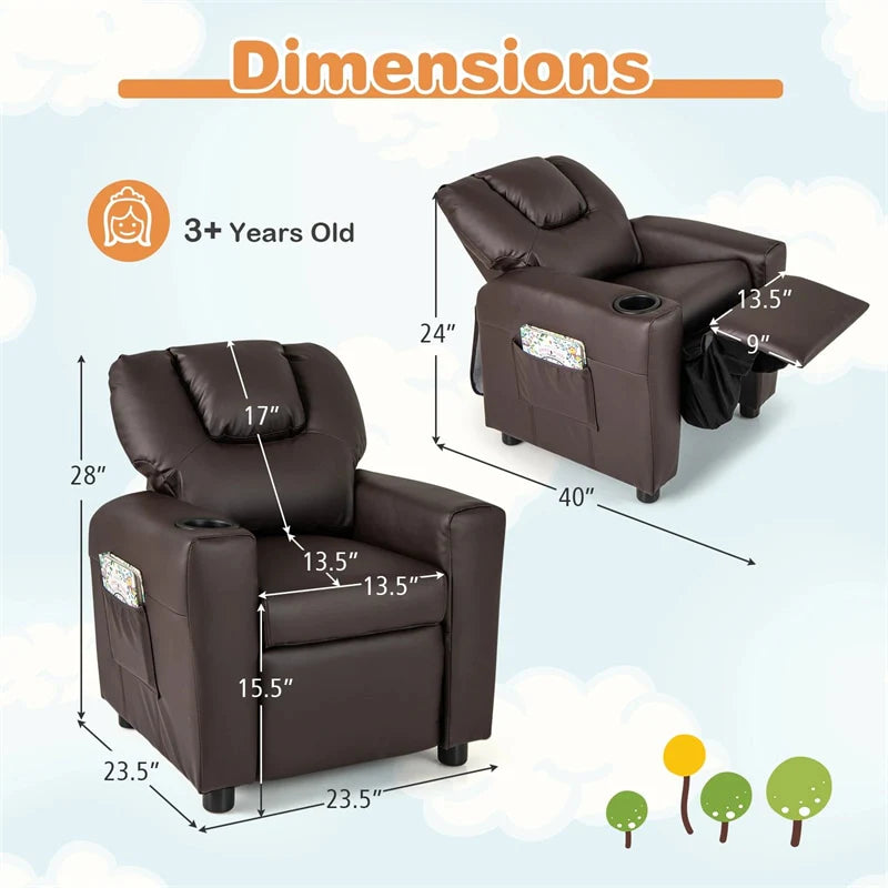 Kids Recliner Chair with Cup Holder & Side Pocket. Adjustable Toddler Lounge Sofa. Ergonomic Children Armchairs for Boys Girls Age 3+. 150lbs