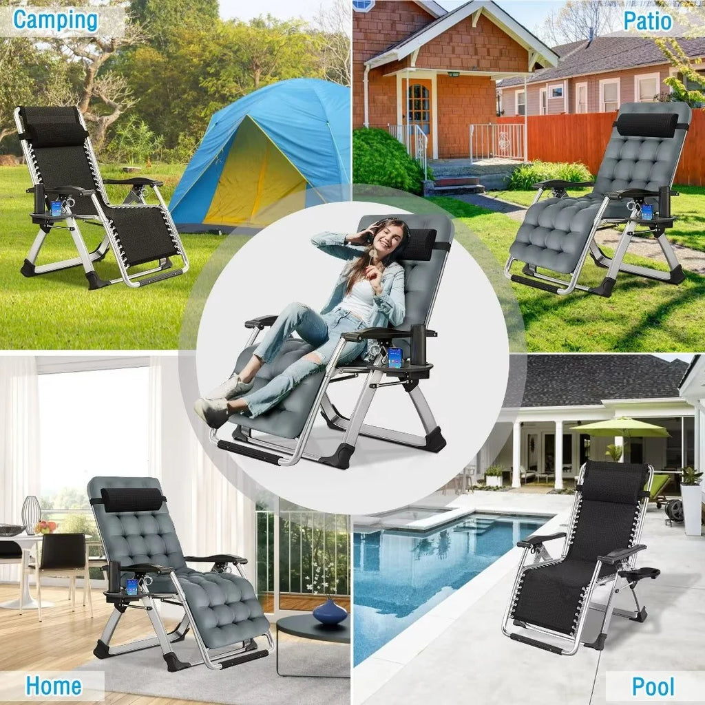 NAIZEA 2 Pack Zero Gravity Chair. Foldable Portable Lawn Recliner with Cushion. Headrest. Cup Holder. Black