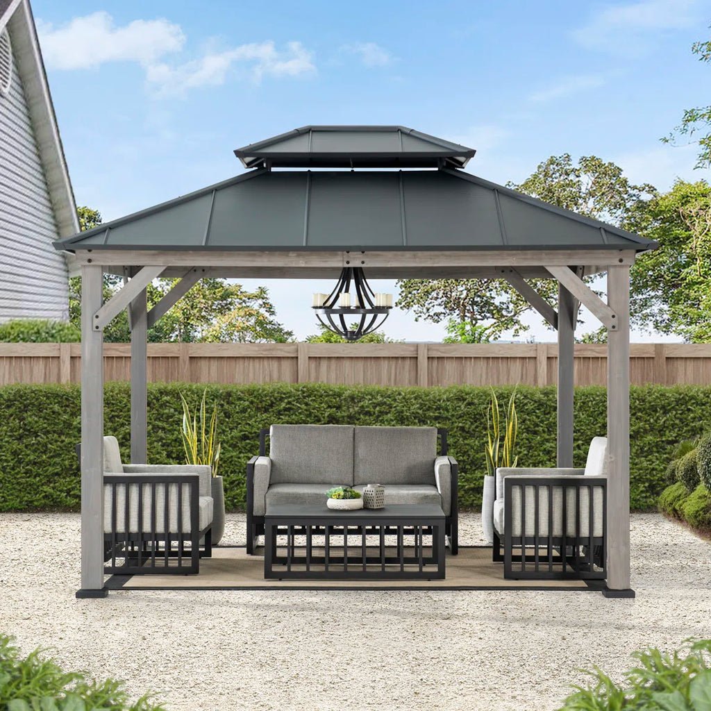 Sunjoy 10 x 12 ft. Wood Gazebo. Outdoor Patio Steel Hardtop Gazebo. Cedar Framed Wooden Gazebo with 2-Tier Metal Roof. Suitable for Patios. Lawn and Backyard