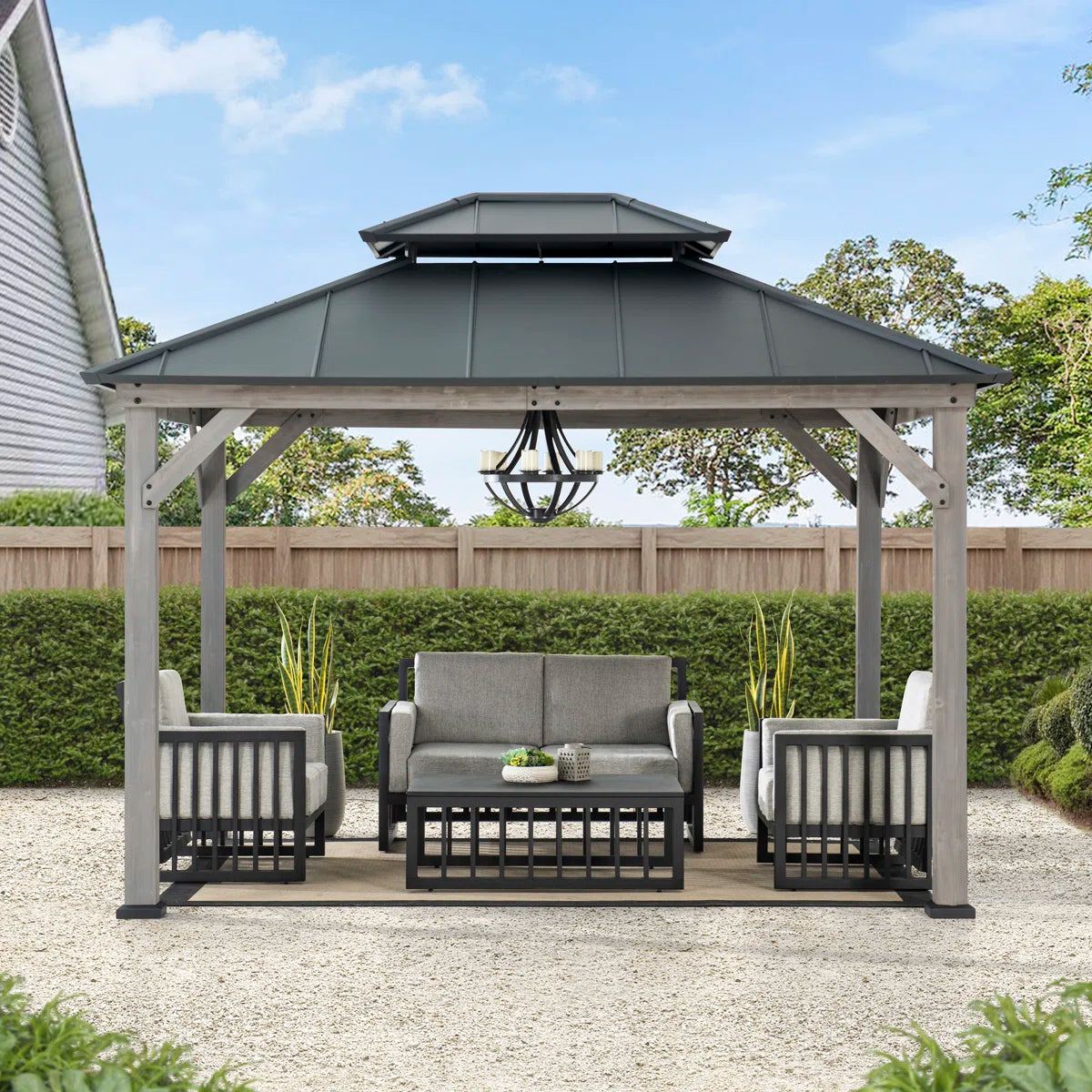 Sunjoy 10 x 12 ft. Wood Gazebo. Outdoor Patio Steel Hardtop Gazebo. Cedar Framed Wooden Gazebo with 2-Tier Metal Roof. Suitable for Patios. Lawn and Backyard