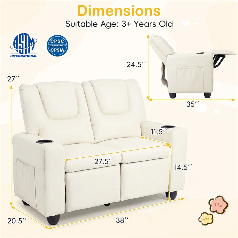 2-Seater Kids Recliner. PU Leather Reclining Loveseat with Cup Holders & 2 Side Storage Pockets. Adjustable Double Toddler Sofa for Boys Girls