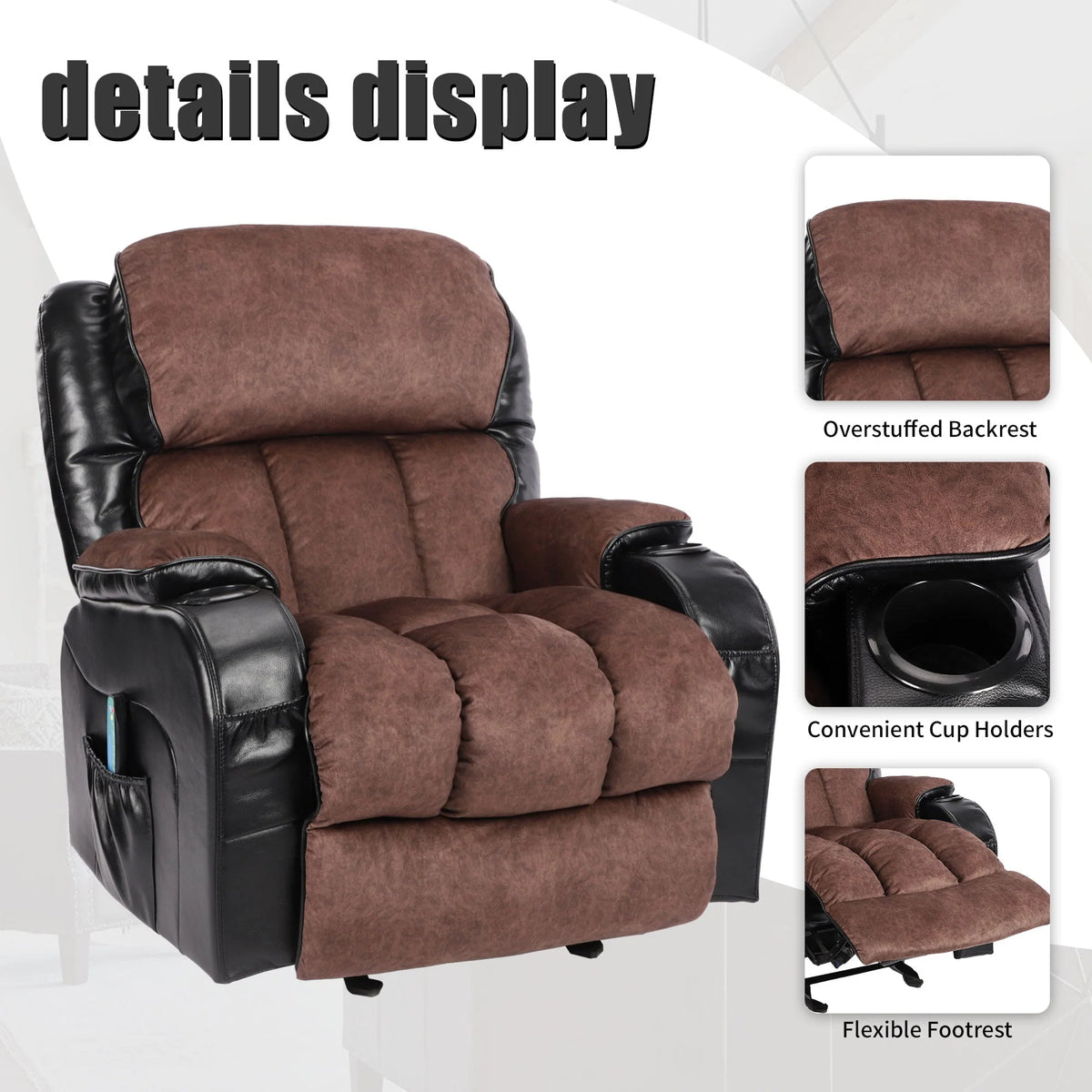Leather Massage Recliner Chair. Modern Electric Power Rocker with Heated Massage. Ergonomic Lounge Chair. SEGMART Single Sofa Seat with Drink Holders for Living Room. Black and Brown