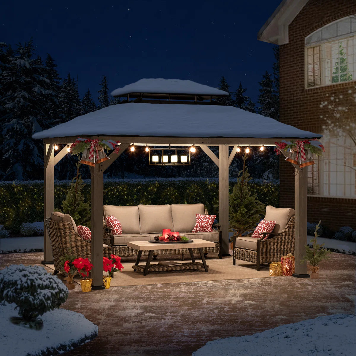 Sunjoy 10 x 12 ft. Wood Gazebo. Outdoor Patio Steel Hardtop Gazebo. Cedar Framed Wooden Gazebo with 2-Tier Metal Roof. Suitable for Patios. Lawn and Backyard