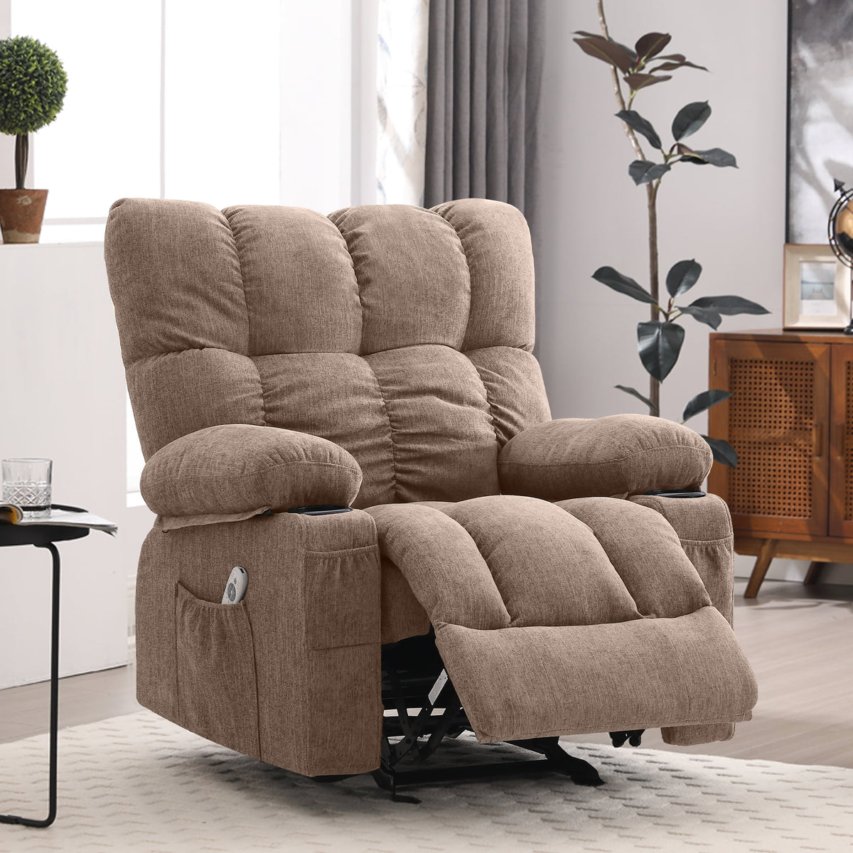 JONPONY Manual Recliner Chair with Heat Therapy and Massage Function. Heavy Duty Reclining Mechanism Massage Chair. Elderly Single Rocker Sofa with Cup Holders for Bedroom Home Theater. Grey