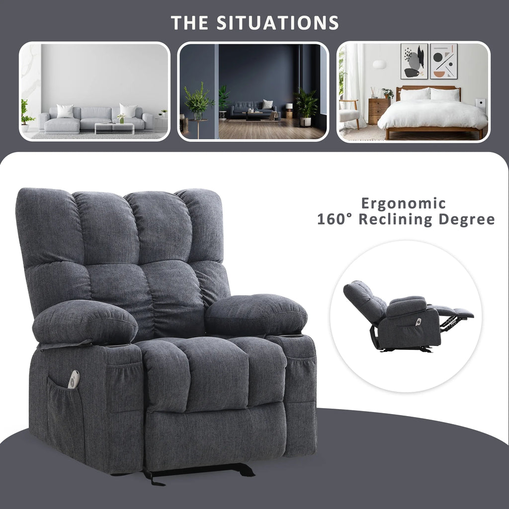 JONPONY Manual Recliner Chair with Heat Therapy and Massage Function. Heavy Duty Reclining Mechanism Massage Chair. Elderly Single Rocker Sofa with Cup Holders for Bedroom Home Theater. Grey